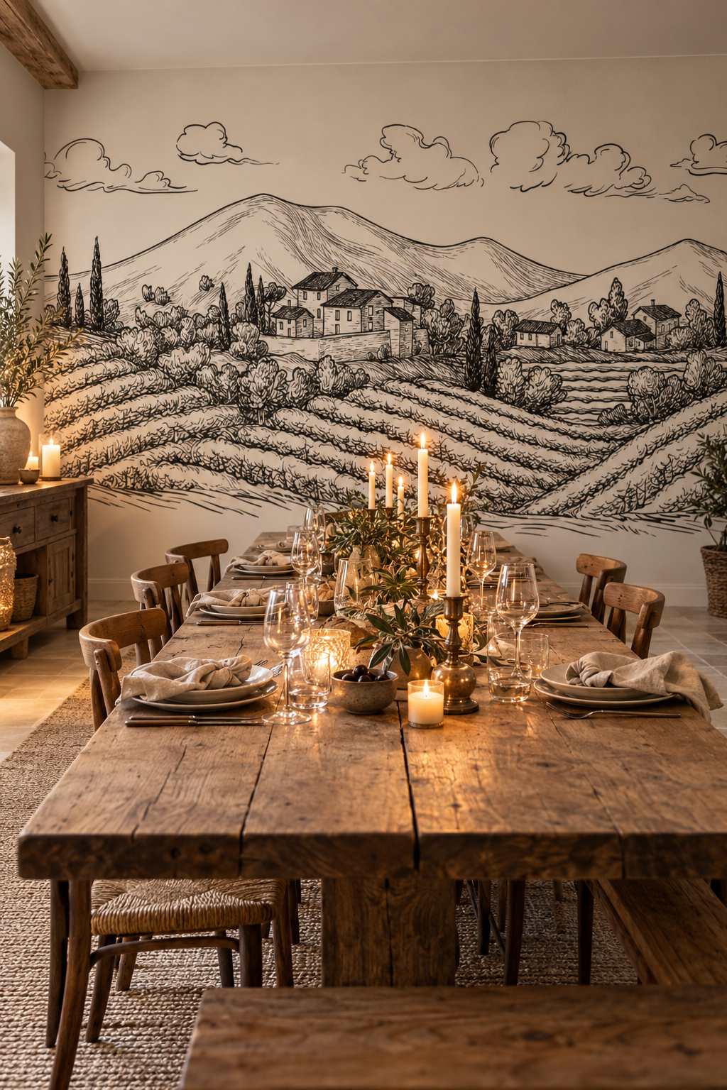 Collines de Toscane, papier peint panoramique dans une salle à manger : visuel d'ambiance illustratif