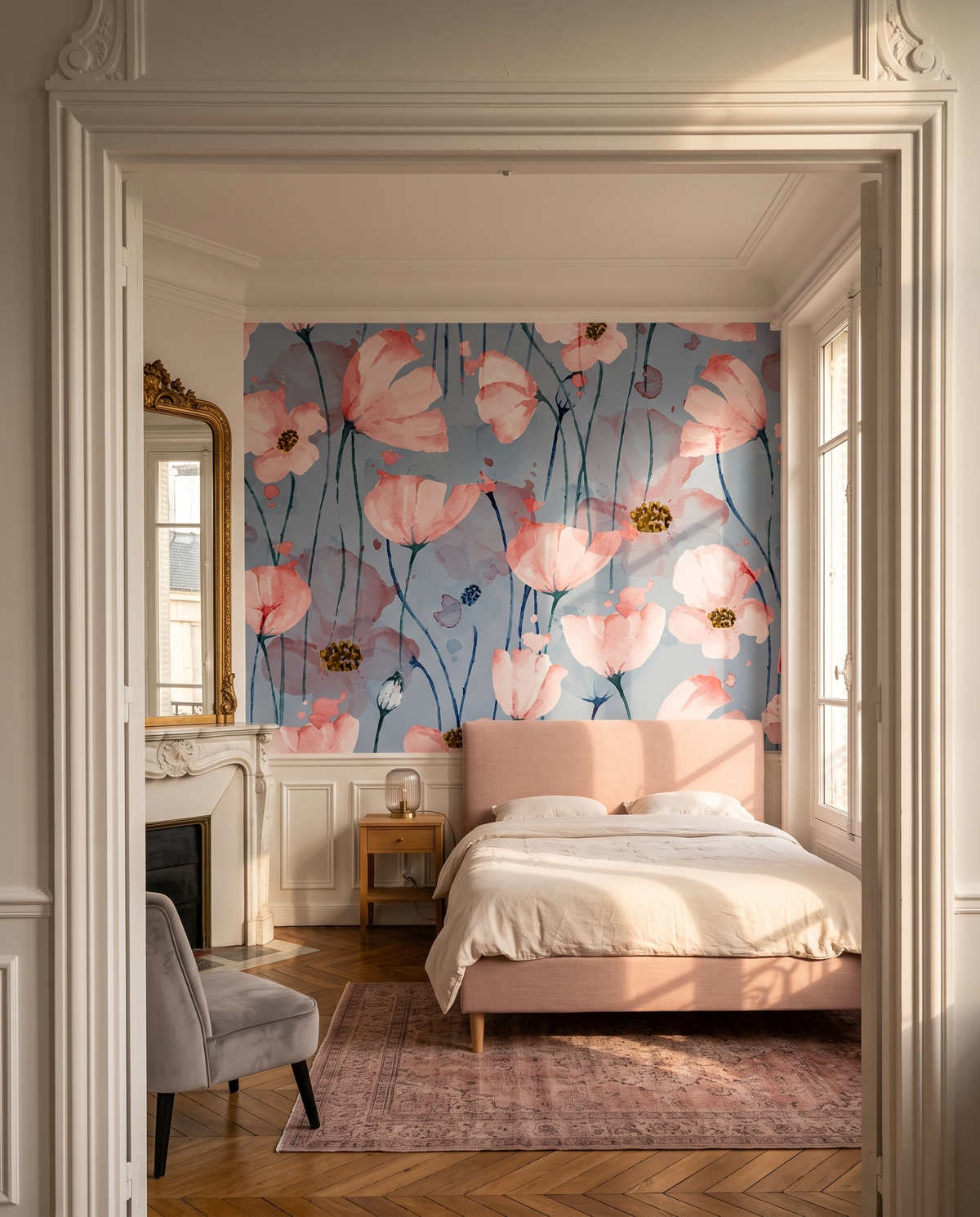 Coquelicots poudrés, papier peint panoramique dans une chambre : visuel d'ambiance illustratif