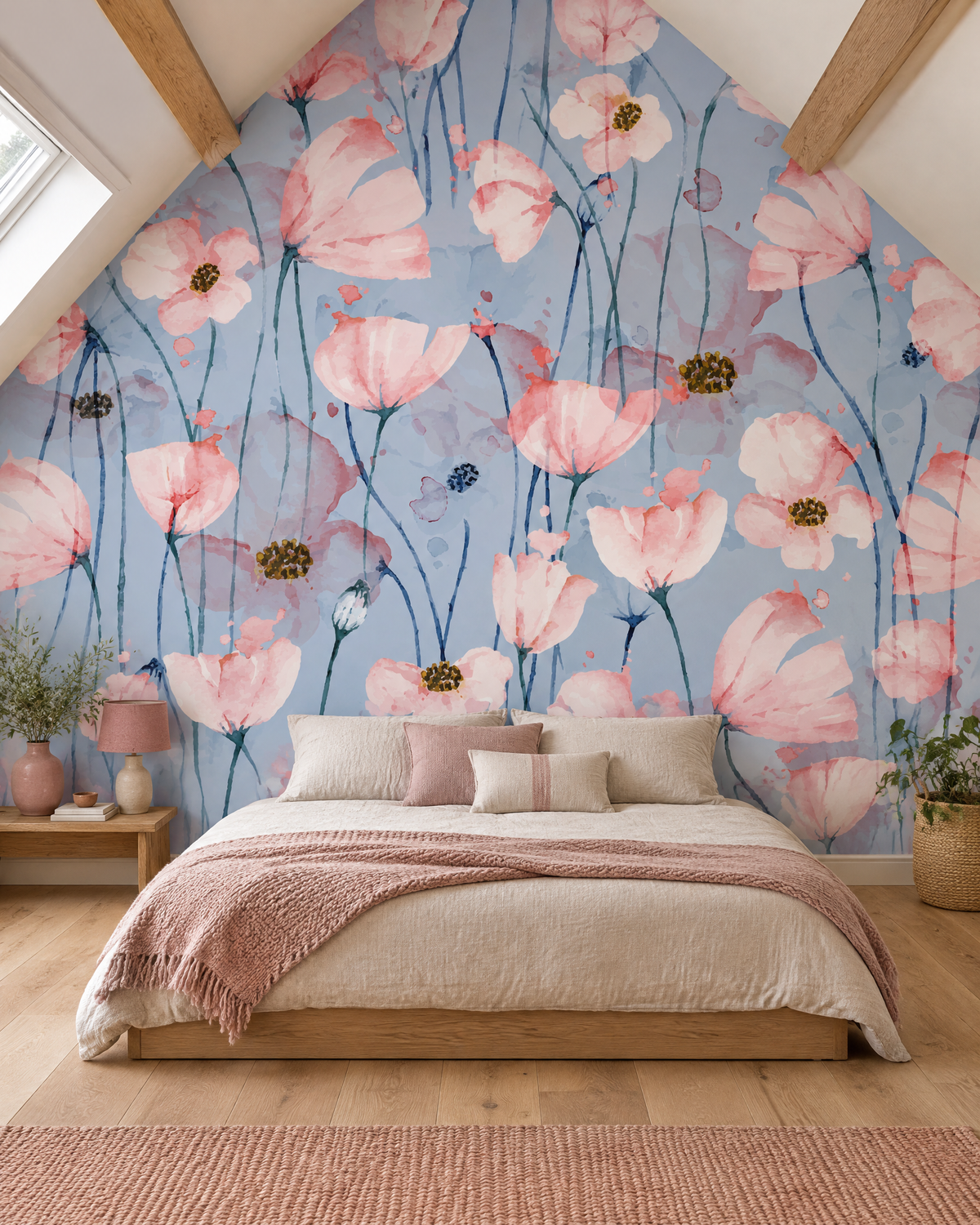 Coquelicots poudrés, papier peint panoramique dans une chambre : visuel d'ambiance illustratif