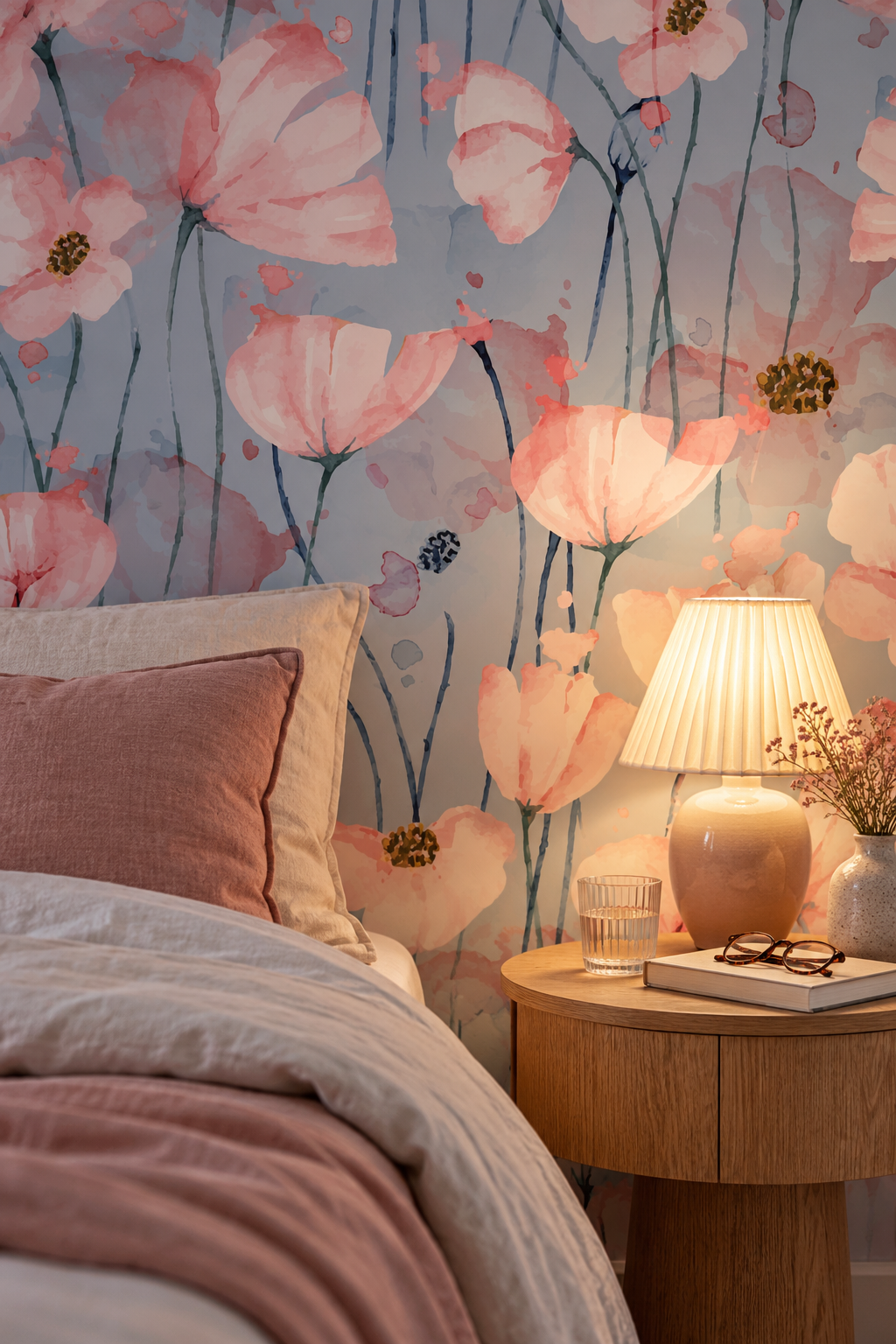 Coquelicots poudrés, papier peint panoramique dans une chambre : visuel d'ambiance illustratif