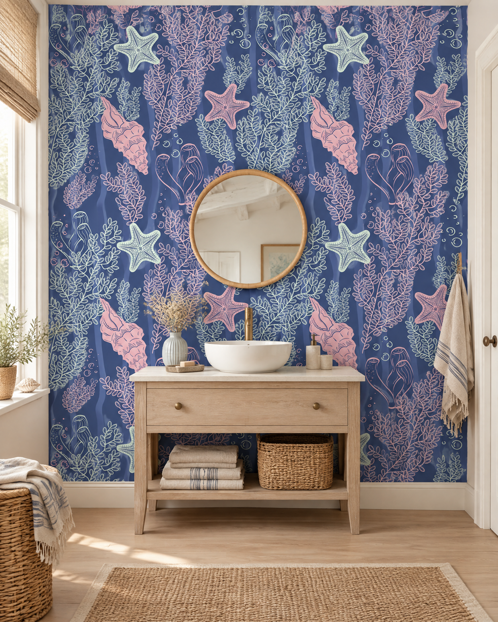 Coquillages pastel, papier peint panoramique dans une salle de bain : visuel d'ambiance illustratif