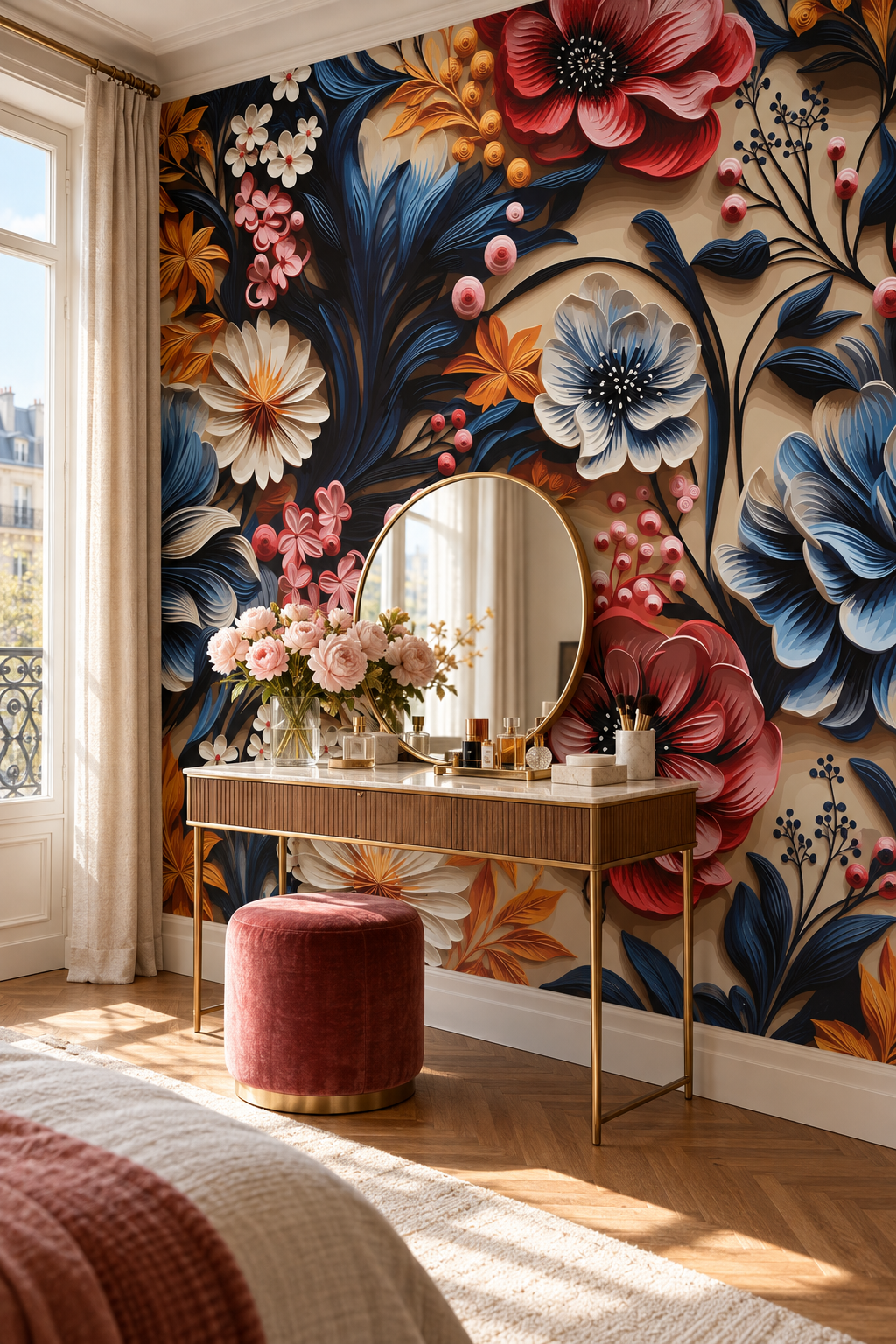 Corolles en relief, papier peint panoramique dans une chambre : visuel d'ambiance illustratif