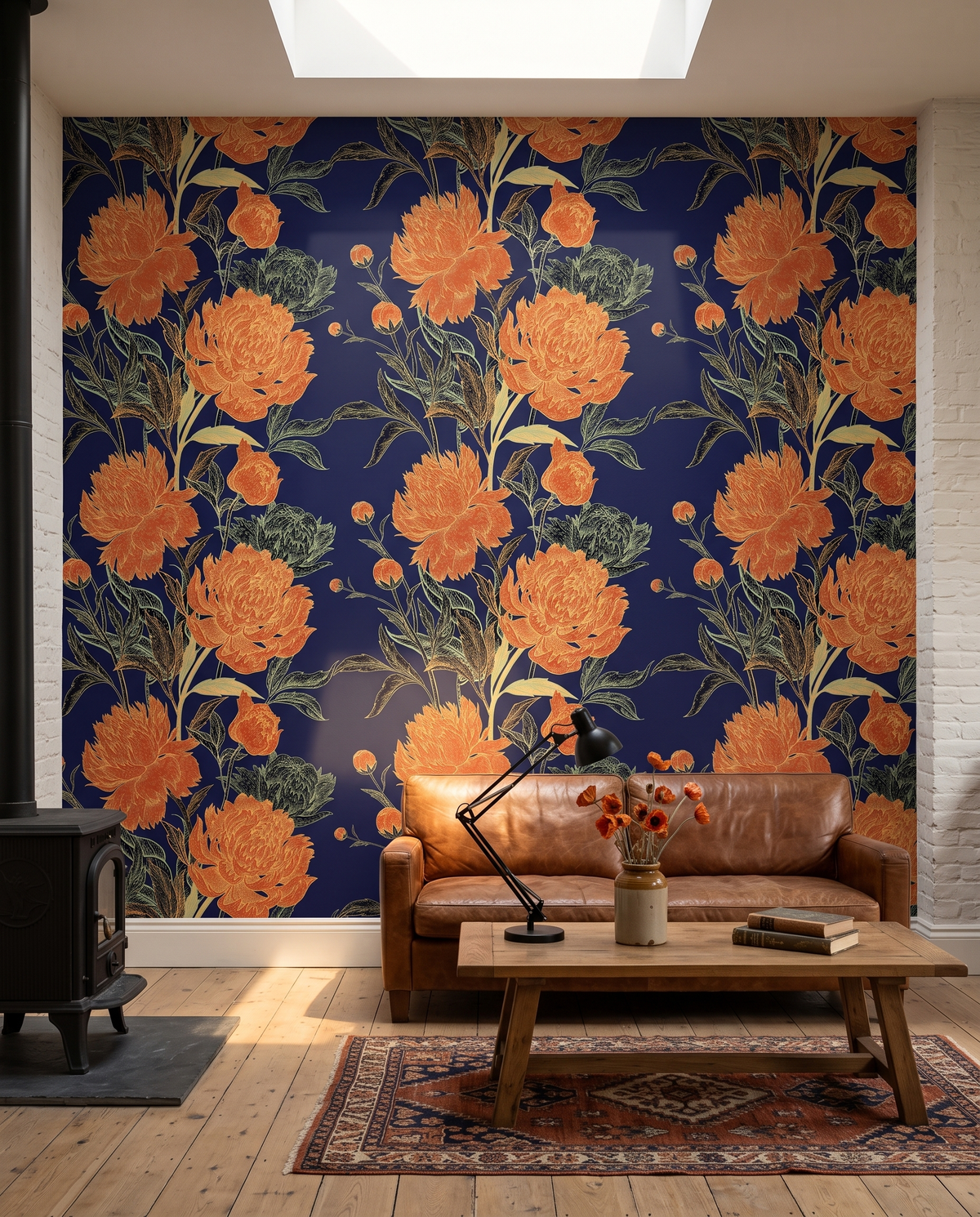 Corolles orange sur marine, papier peint panoramique dans un salon : visuel d'ambiance illustratif