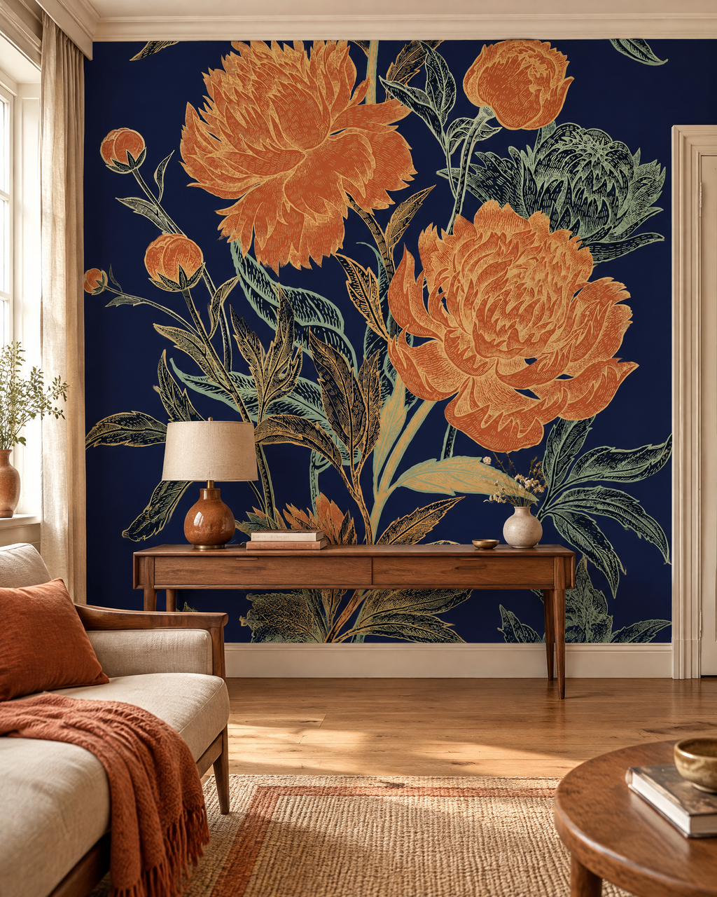 Corolles orange sur marine, papier peint panoramique dans un salon : visuel d'ambiance illustratif