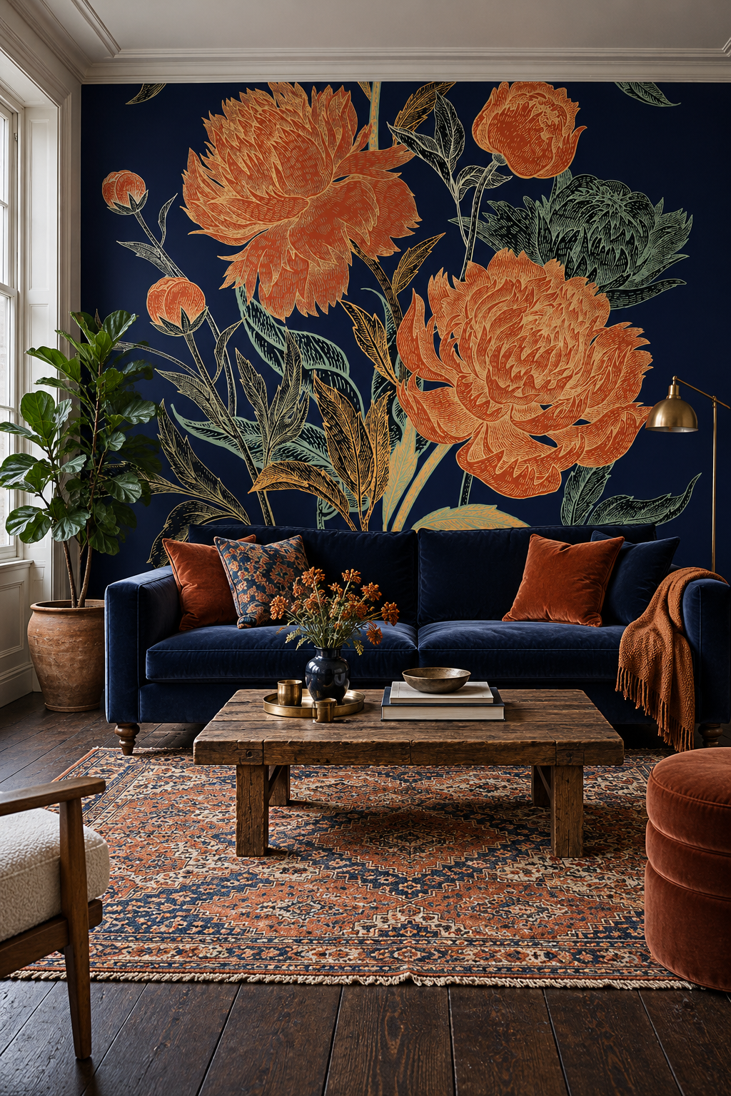 Corolles orange sur marine, papier peint panoramique dans un salon : visuel d'ambiance illustratif