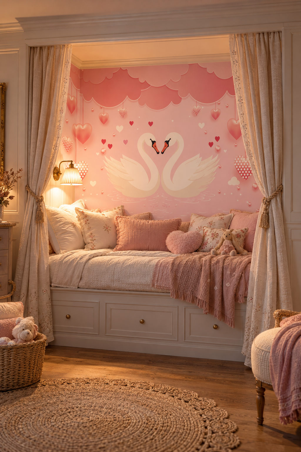 Couple de cygnes, papier peint panoramique dans une chambre : visuel d'ambiance illustratif