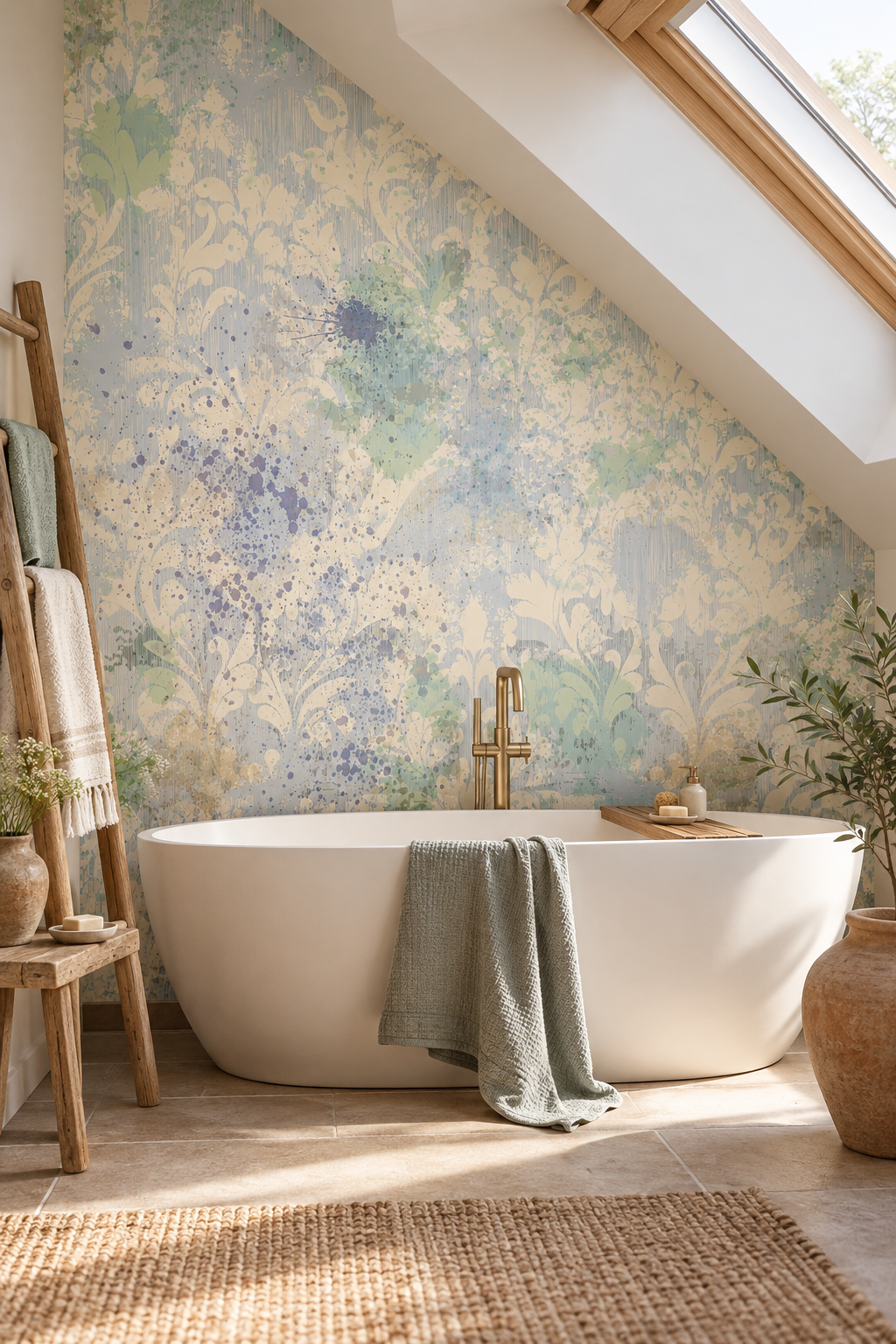 Damas bleu et gris, papier peint panoramique dans une salle de bain : visuel d'ambiance illustratif