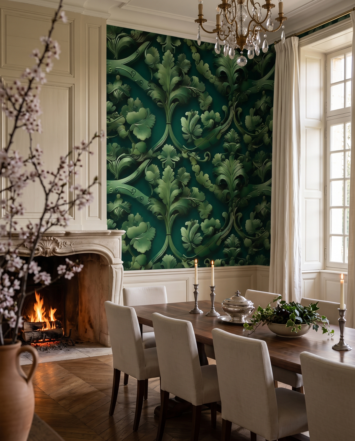 Damas vert profond, papier peint panoramique dans une salle à manger : visuel d'ambiance illustratif