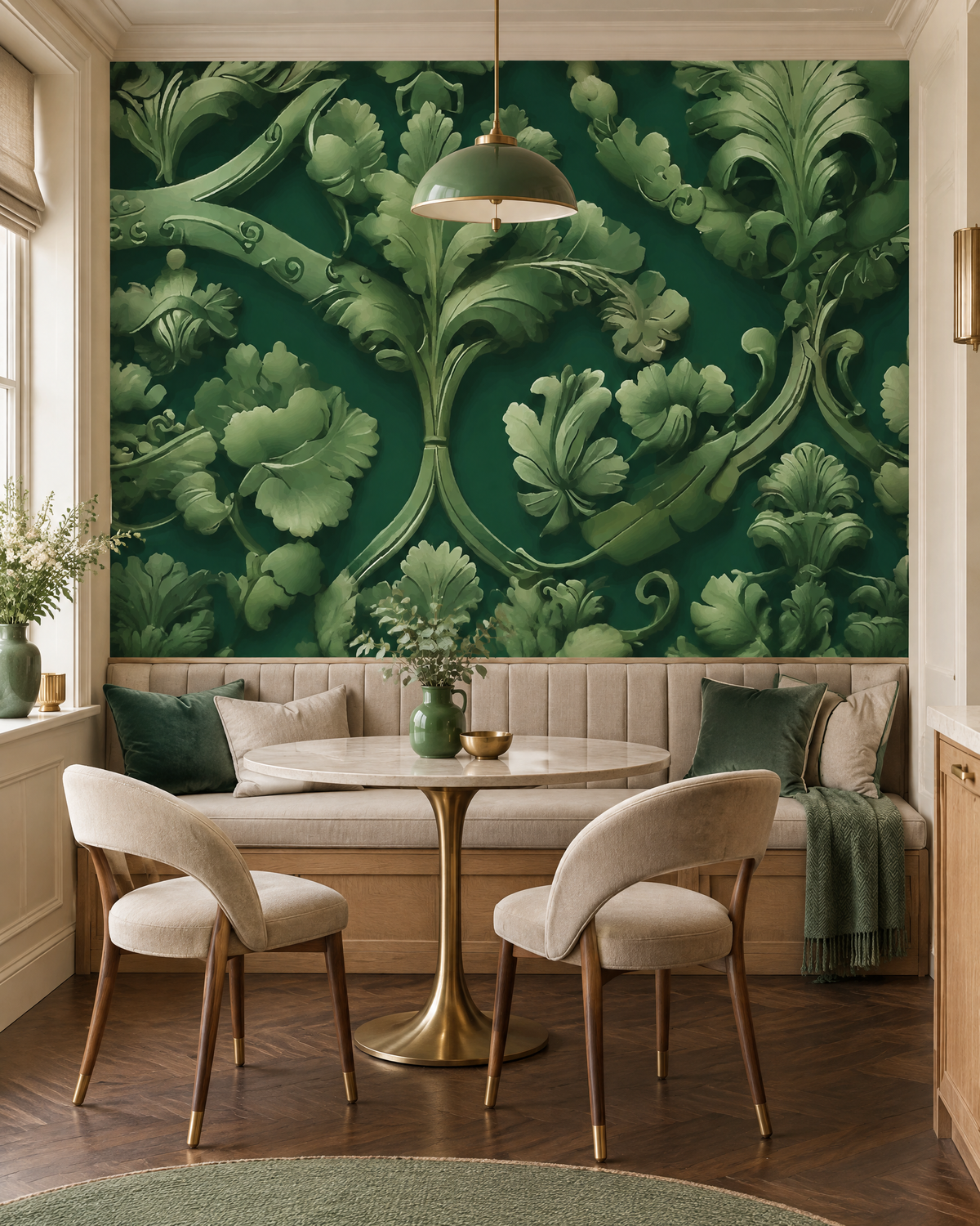 Damas vert profond, papier peint panoramique dans une salle à manger : visuel d'ambiance illustratif