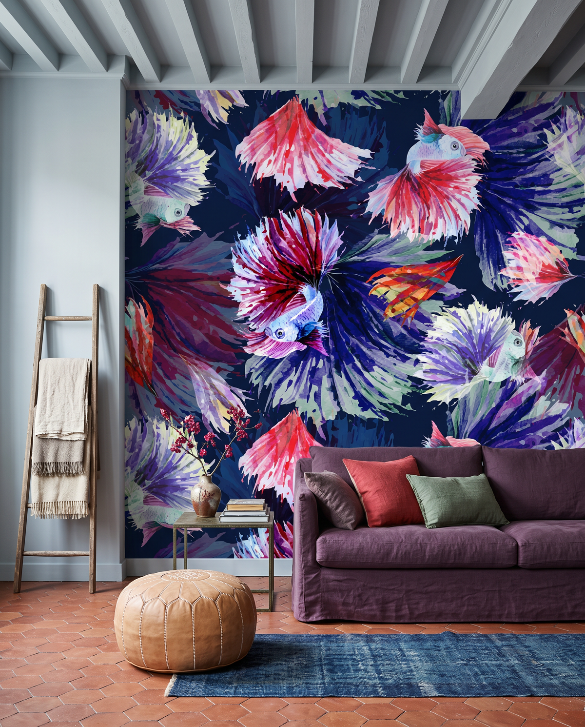 Danse des bettas, papier peint panoramique dans un salon : visuel d'ambiance illustratif