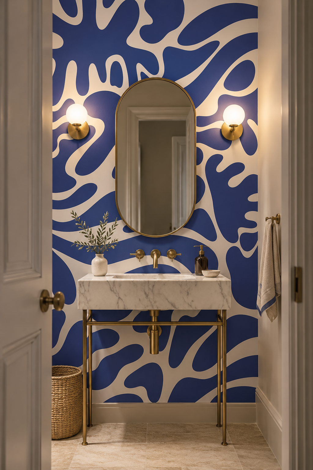 Découpes violettes, papier peint panoramique dans une salle de bain : visuel d'ambiance illustratif