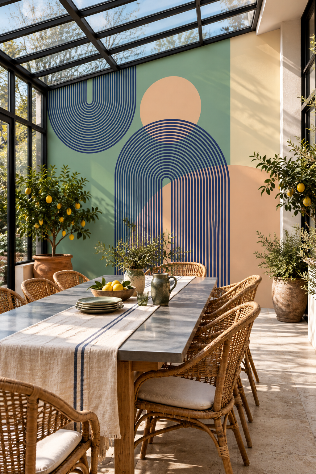 Demi-cercles pêche et vert, papier peint panoramique dans une salle à manger : visuel d'ambiance illustratif