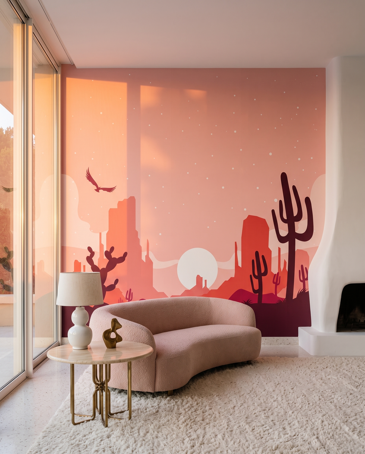 Désert rose, papier peint panoramique dans un salon : visuel d'ambiance illustratif