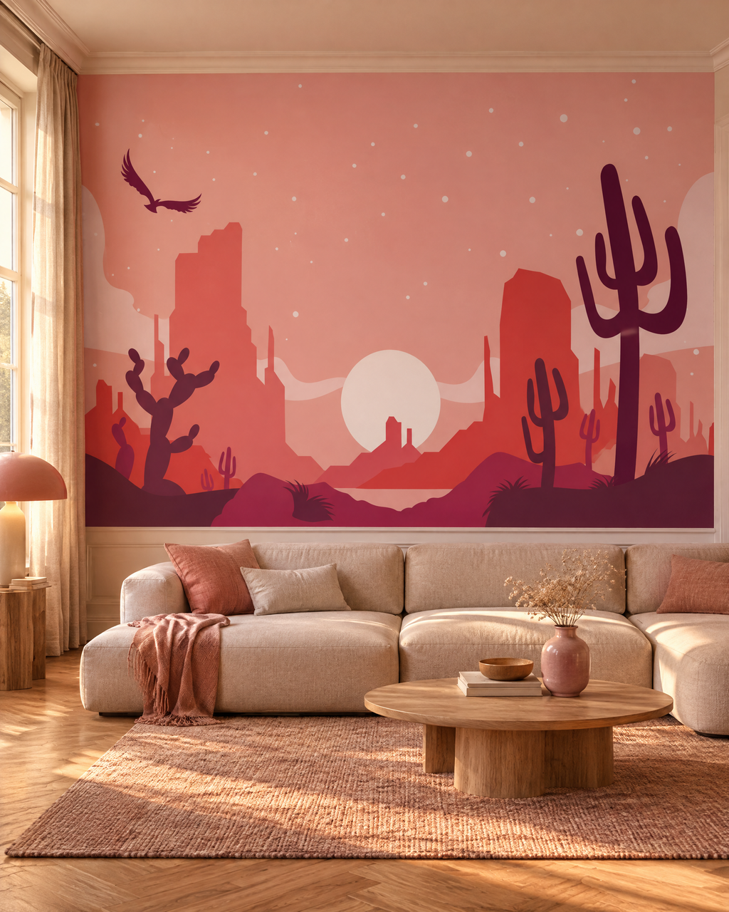 Désert rose, papier peint panoramique dans un salon : visuel d'ambiance illustratif
