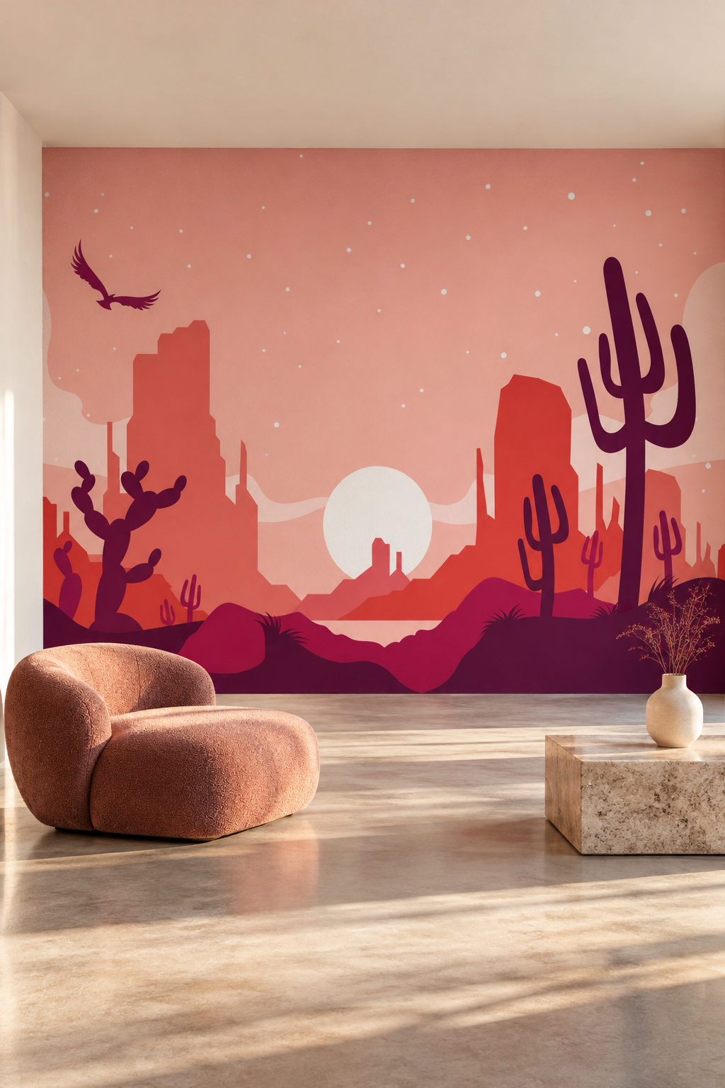 Désert rose, papier peint panoramique dans un salon : visuel d'ambiance illustratif