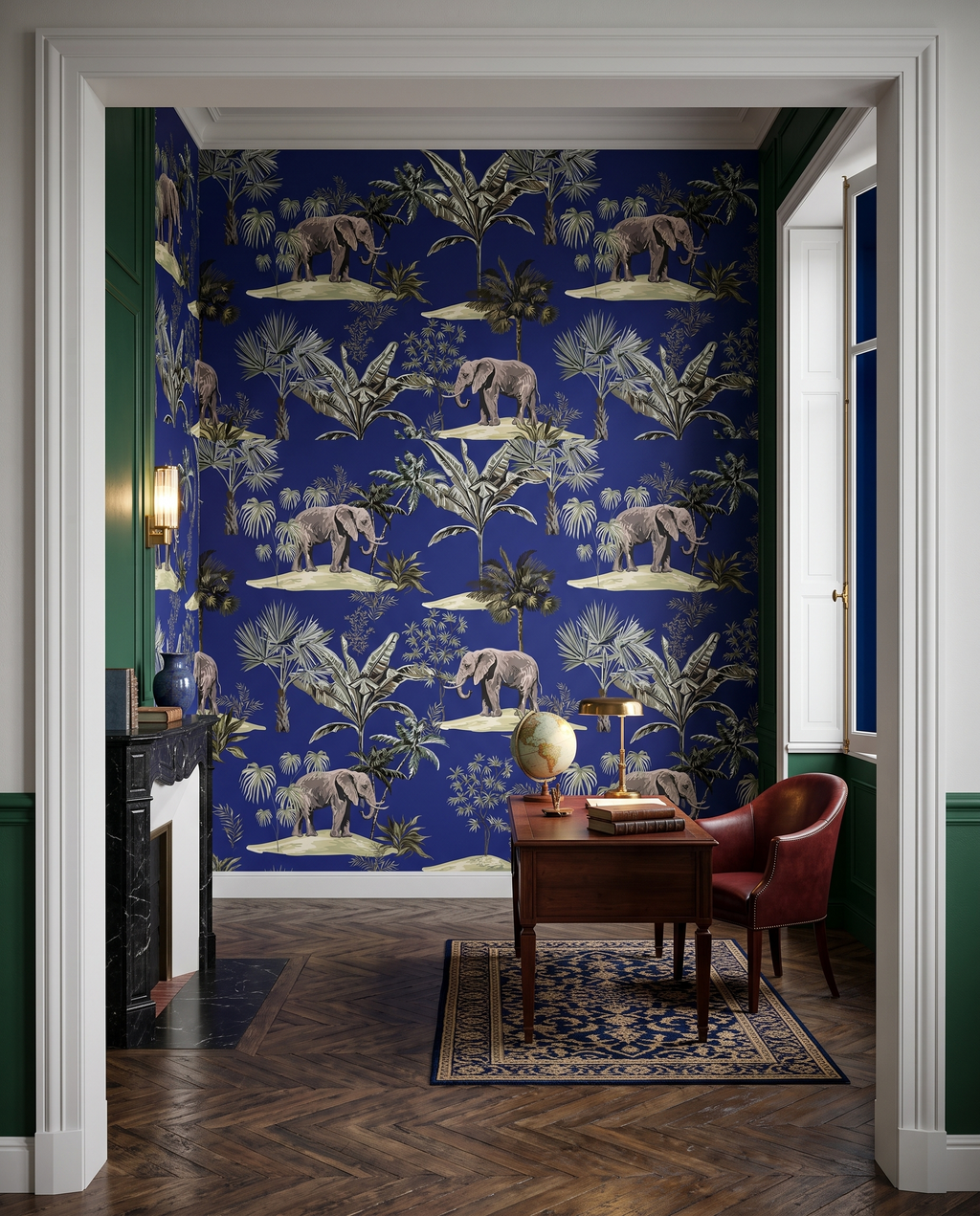 Éléphants de nuit tropicale, papier peint panoramique dans un bureau : visuel d'ambiance illustratif