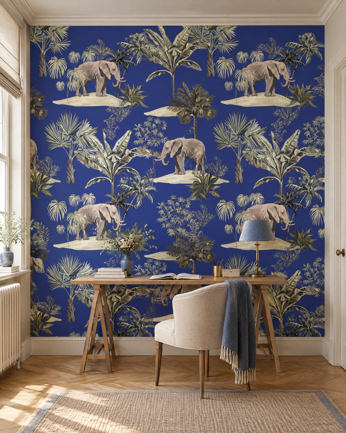 Éléphants de nuit tropicale, papier peint panoramique dans un bureau : visuel d'ambiance illustratif