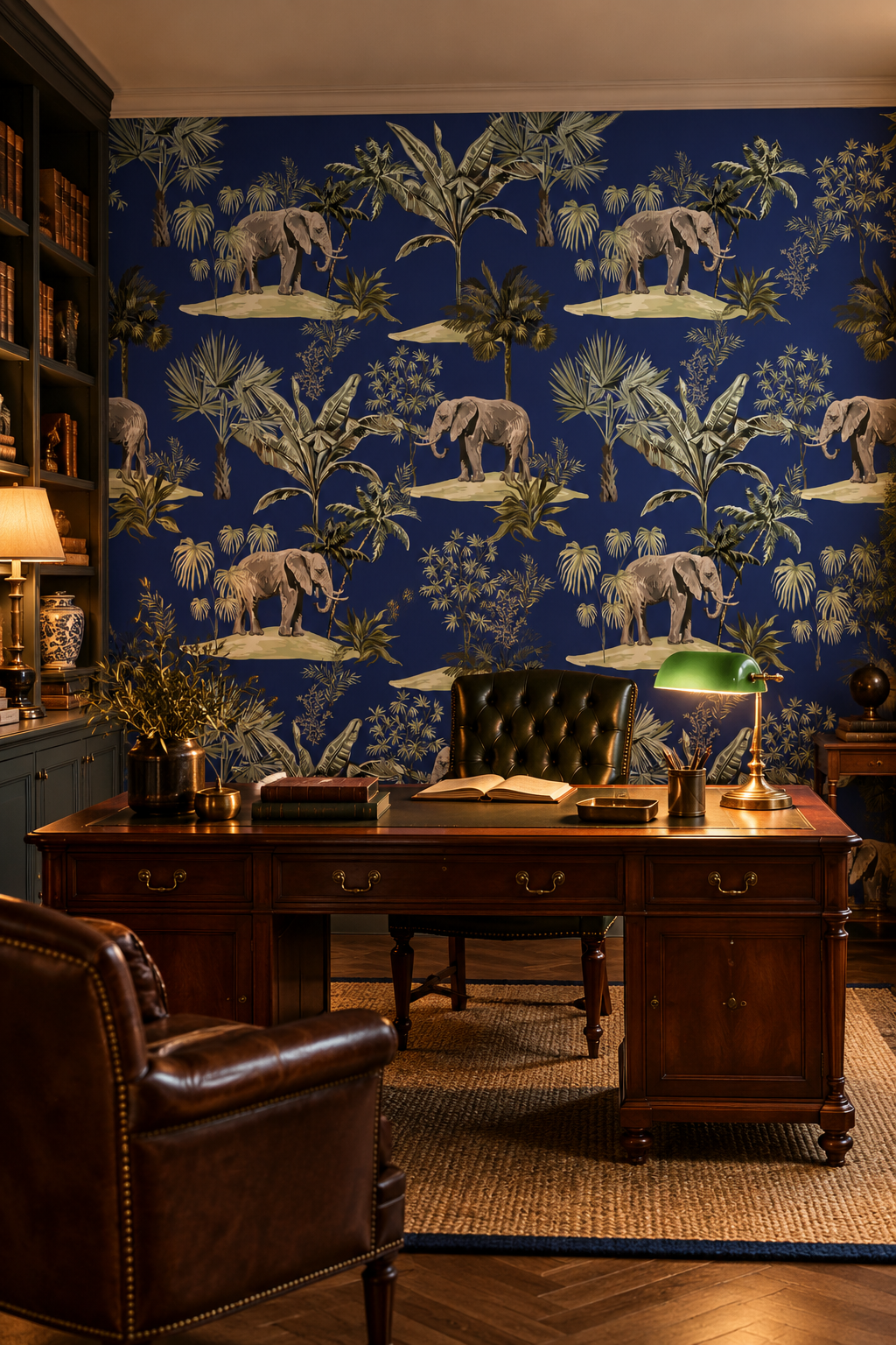 Éléphants de nuit tropicale, papier peint panoramique dans un bureau : visuel d'ambiance illustratif