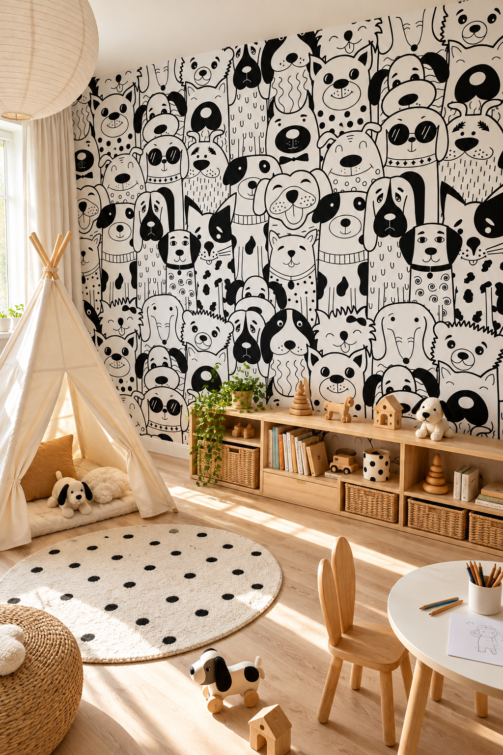 Chiens au trait, papier peint panoramique dans une chambre d'enfant : visuel d'ambiance illustratif