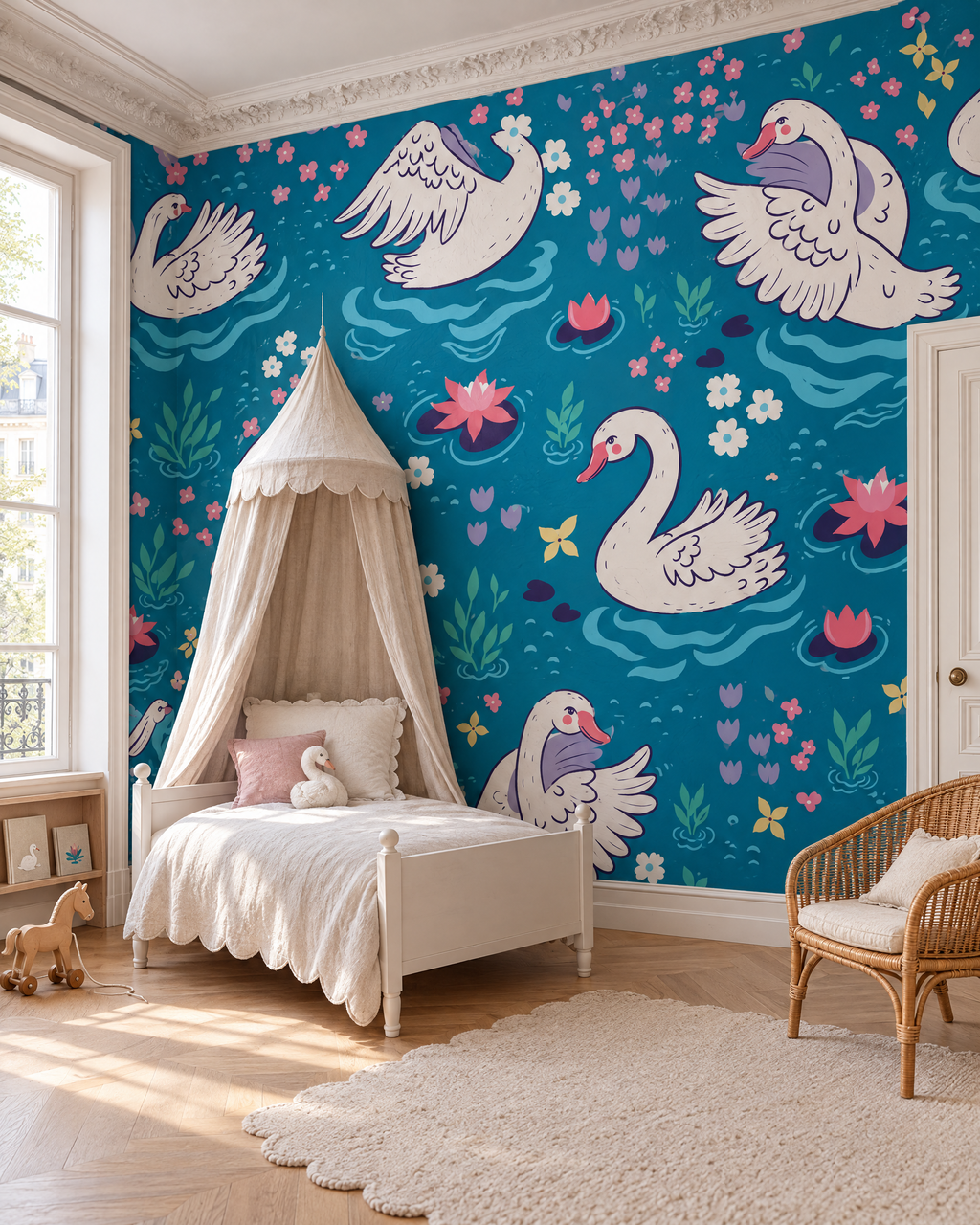 Cygnes du bassin fleuri, papier peint panoramique dans une chambre d'enfant : visuel d'ambiance illustratif