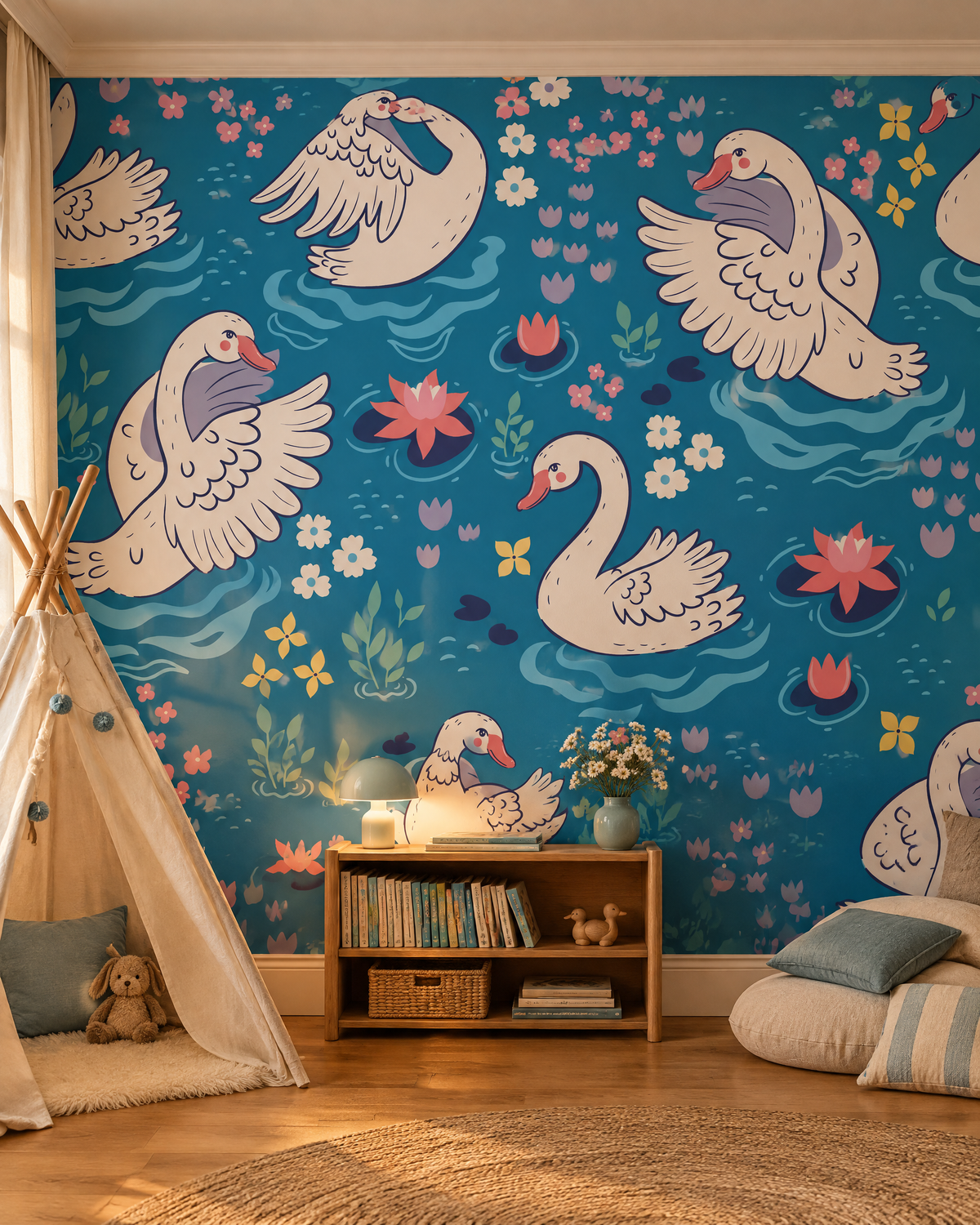 Cygnes du bassin fleuri, papier peint panoramique dans une chambre d'enfant : visuel d'ambiance illustratif