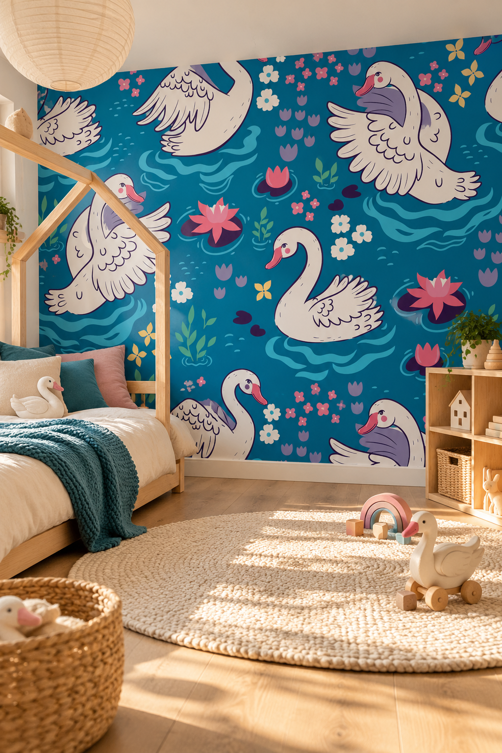 Cygnes du bassin fleuri, papier peint panoramique dans une chambre d'enfant : visuel d'ambiance illustratif