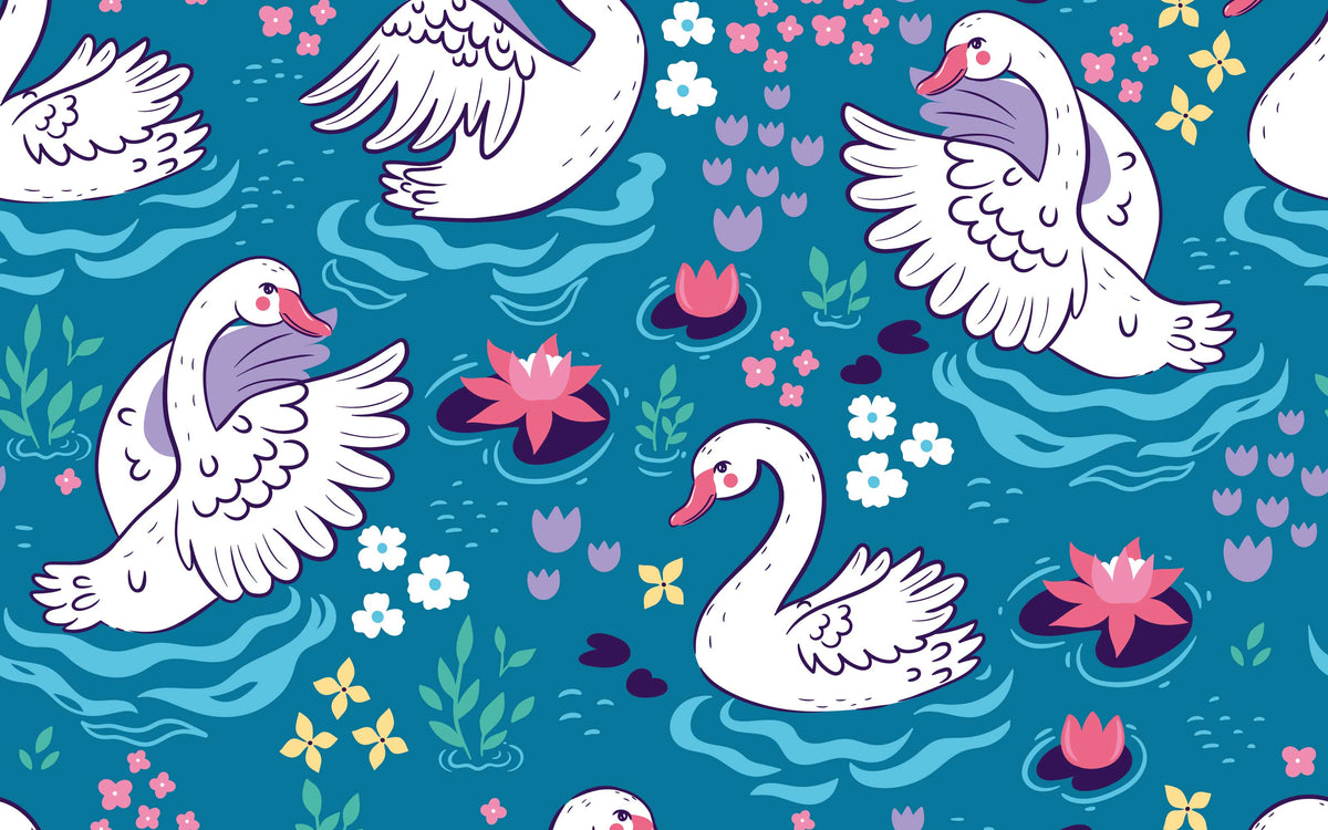 Papier peint panoramique Cygnes du bassin fleuri : le décor à plat
