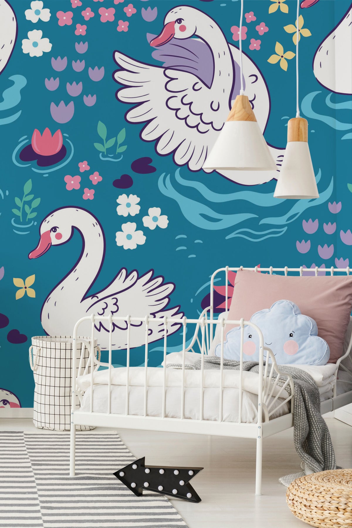 Cygnes du bassin fleuri · papier peint panoramique enfant