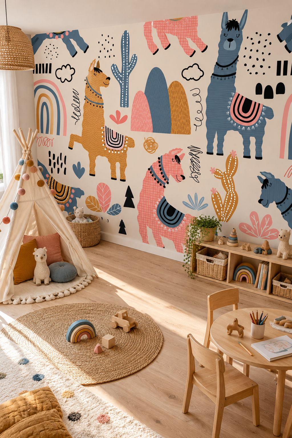 Lamas bohèmes, papier peint panoramique dans une chambre d'enfant : visuel d'ambiance illustratif