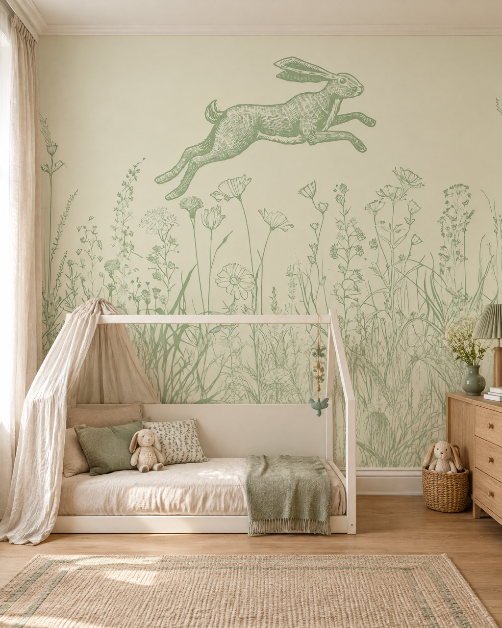 Lapin au jardin, papier peint panoramique dans une chambre d'enfant : visuel d'ambiance illustratif