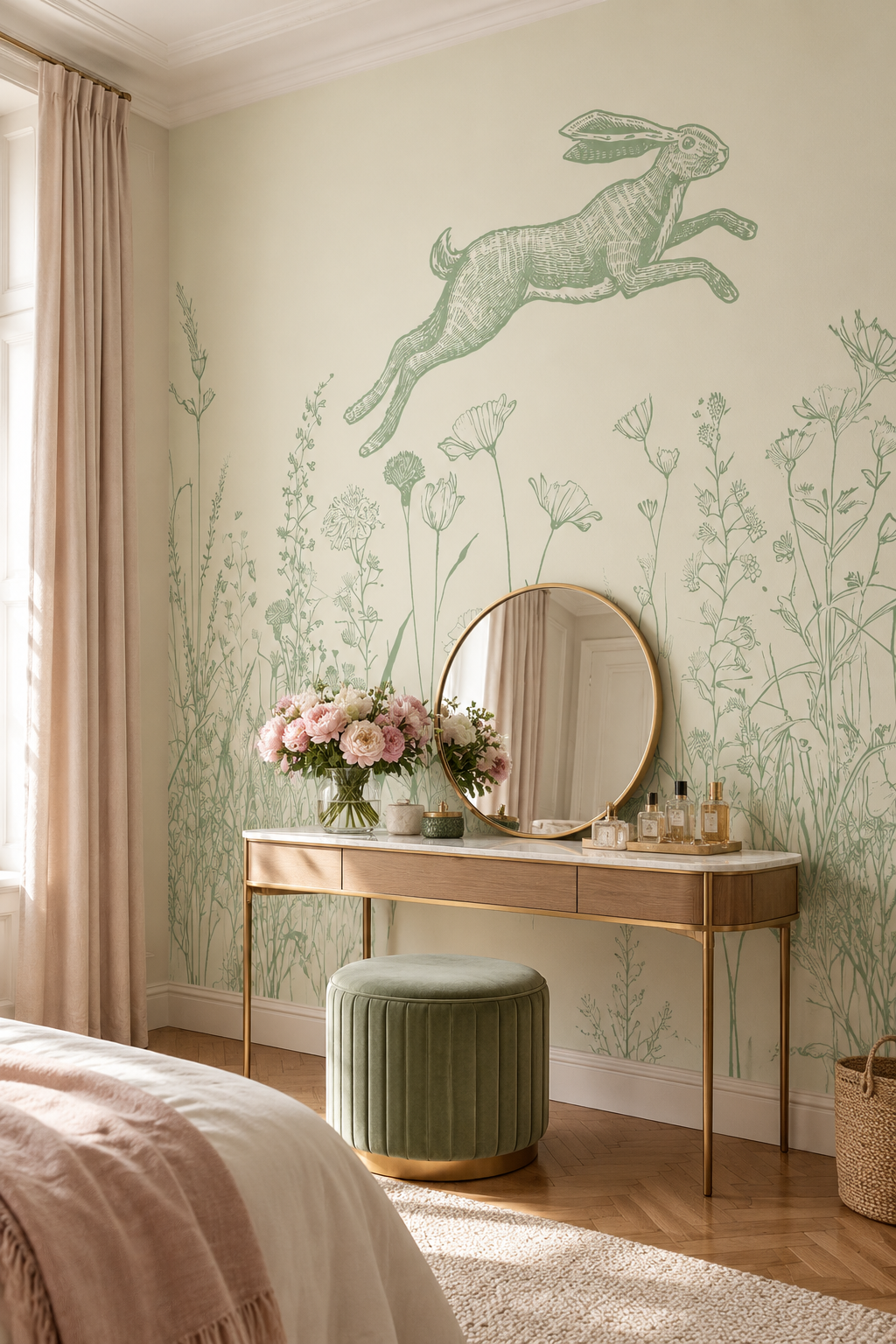 Lapin au jardin, papier peint panoramique dans une chambre : visuel d'ambiance illustratif