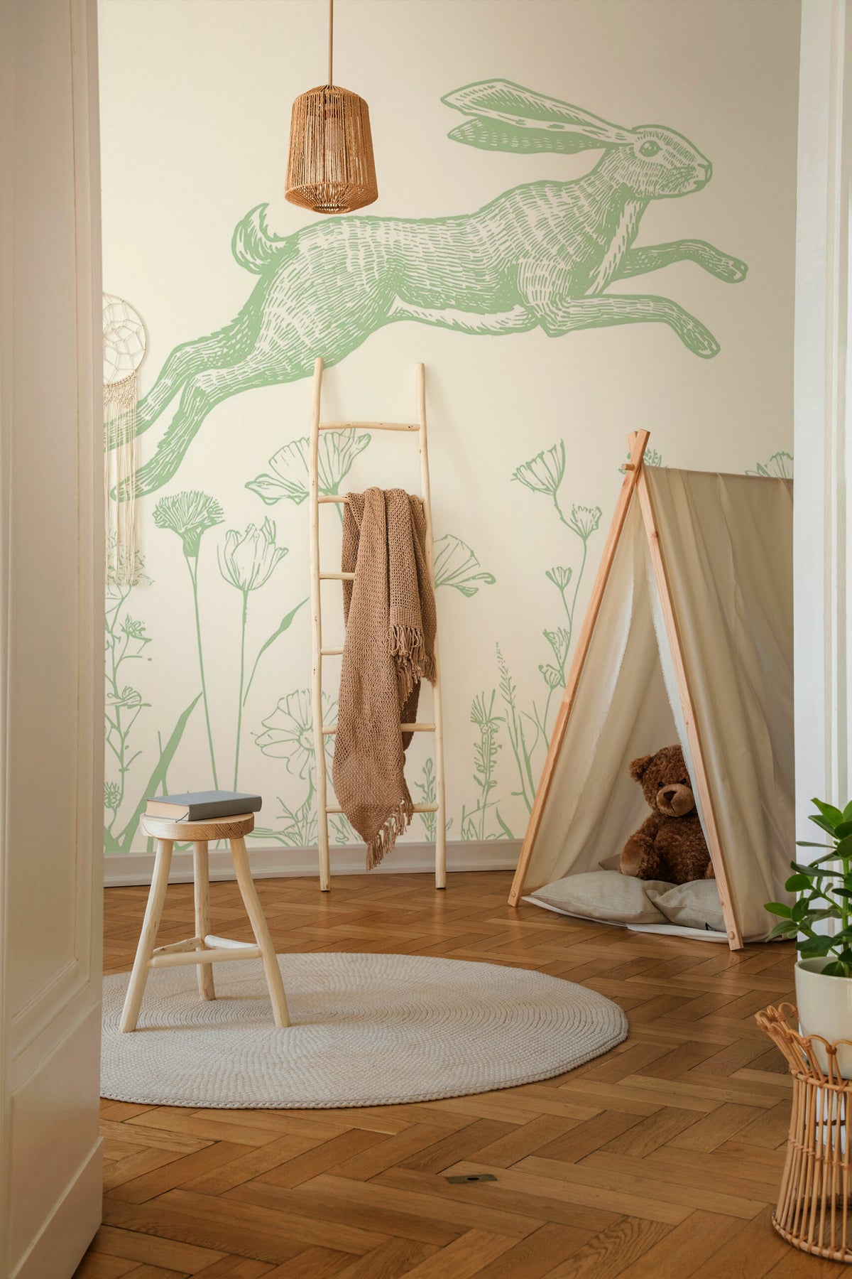 Lapin au jardin · papier peint panoramique enfant