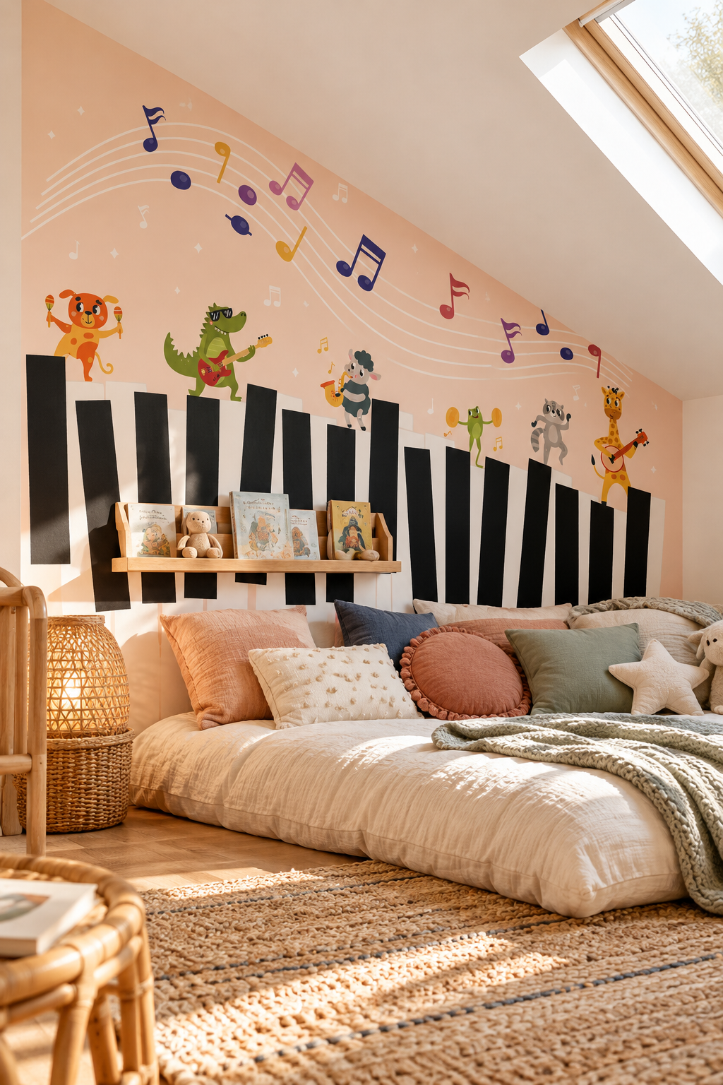 Orchestre des animaux, papier peint panoramique dans une chambre d'enfant : visuel d'ambiance illustratif