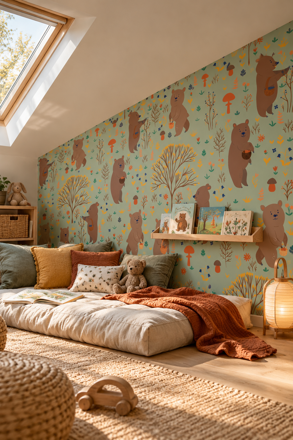 Ours des bois, papier peint panoramique dans une chambre d'enfant : visuel d'ambiance illustratif
