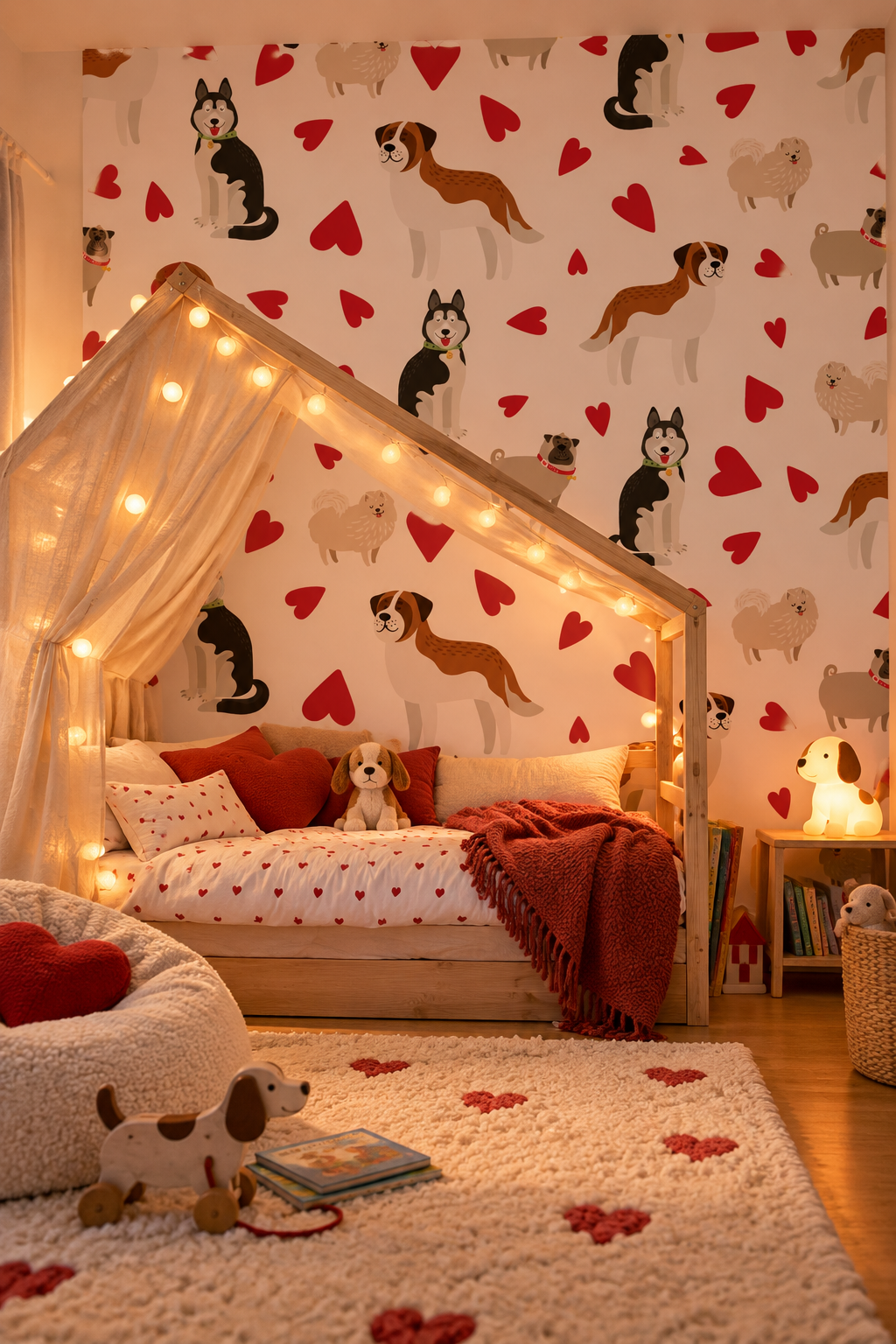 Petits chiens câlins, papier peint panoramique dans une chambre d'enfant : visuel d'ambiance illustratif