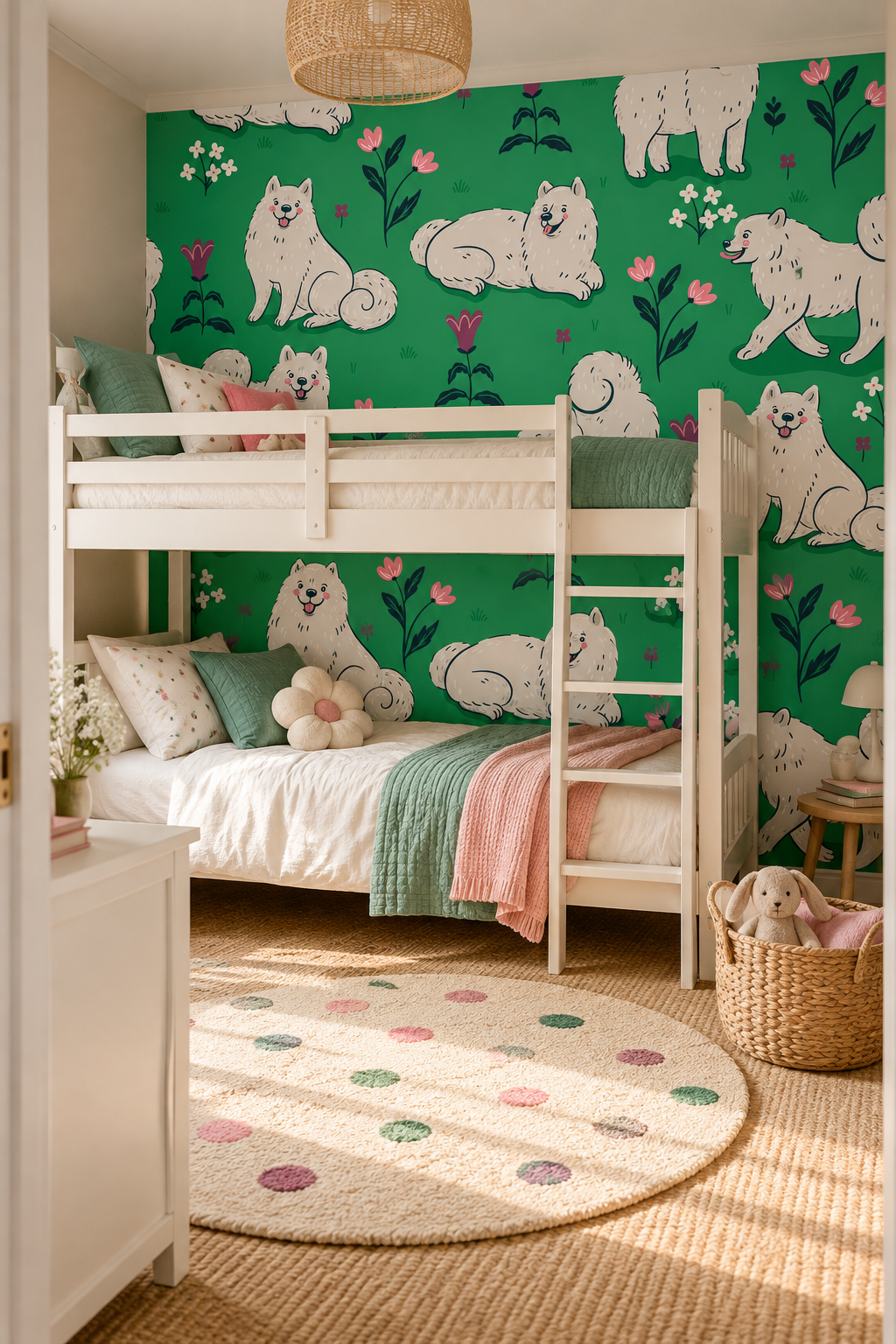 Samoyèdes au jardin, papier peint panoramique dans une chambre d'enfant : visuel d'ambiance illustratif