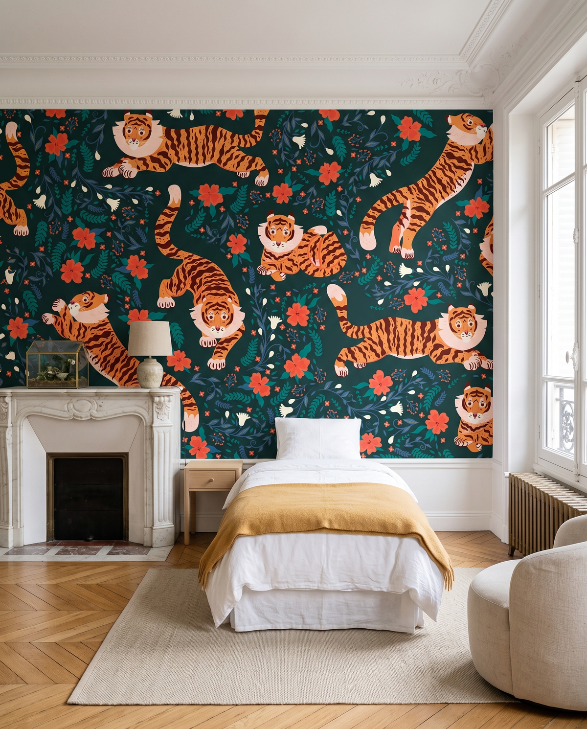 Tigre dans les fleurs, papier peint panoramique dans une chambre d'enfant : visuel d'ambiance illustratif
