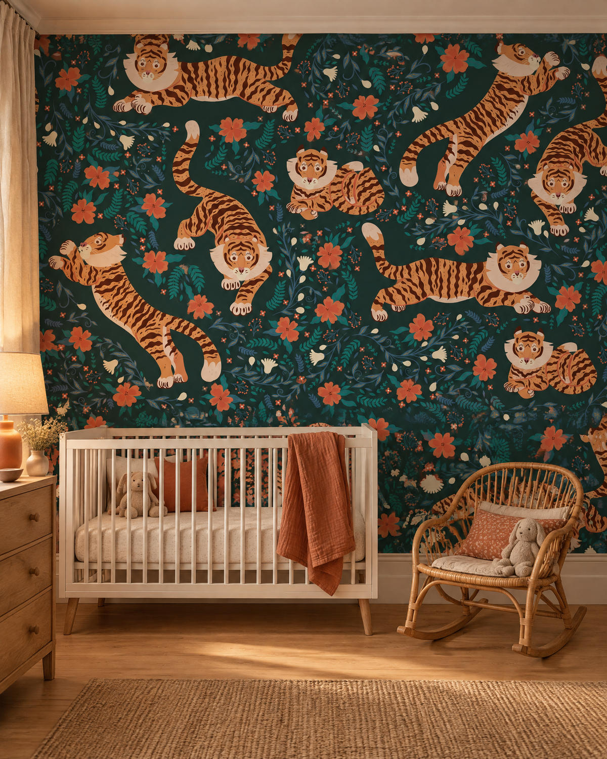 Tigre dans les fleurs, papier peint panoramique dans une chambre d'enfant : visuel d'ambiance illustratif