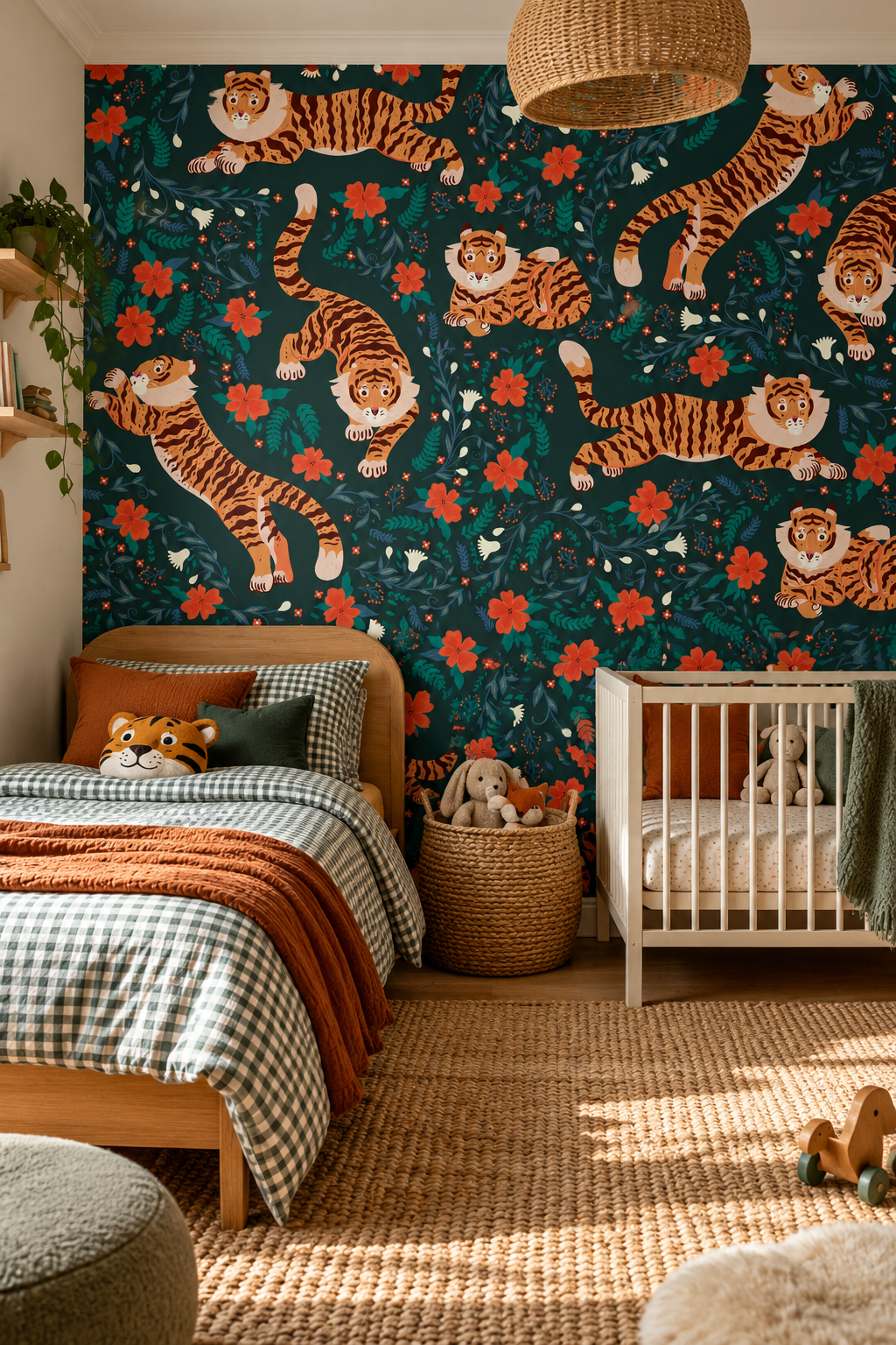 Tigre dans les fleurs, papier peint panoramique dans une chambre d'enfant : visuel d'ambiance illustratif