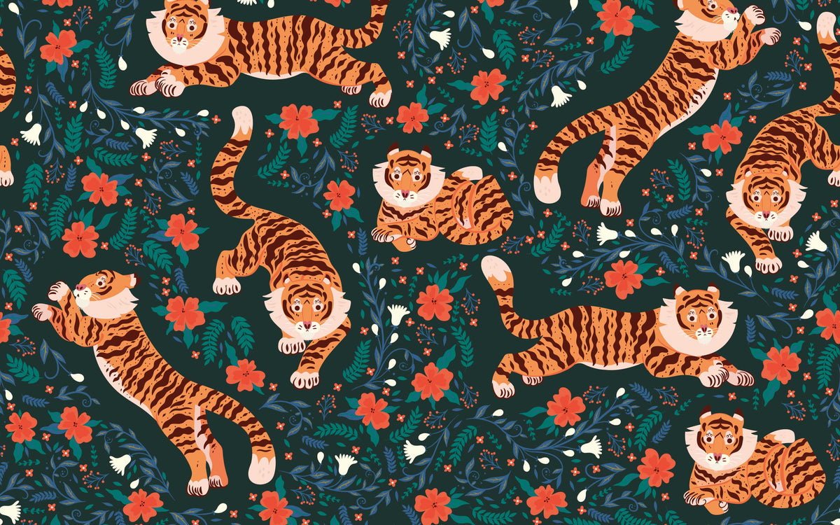Papier peint panoramique Tigre dans les fleurs : le décor à plat