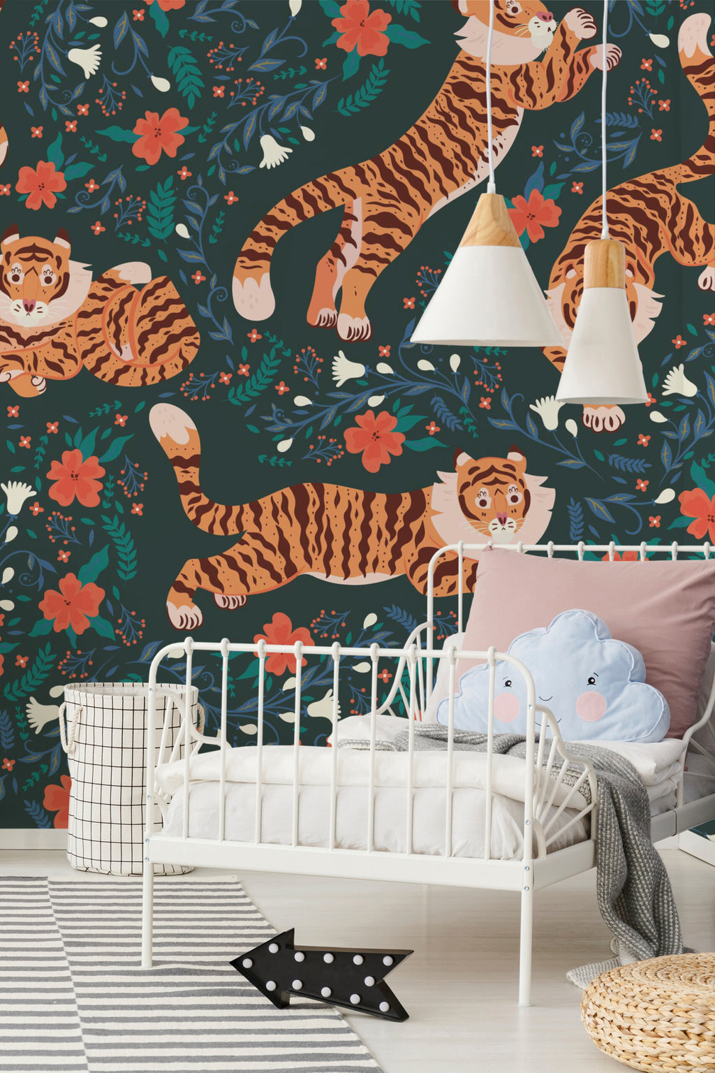 Tigre dans les fleurs · papier peint panoramique enfant