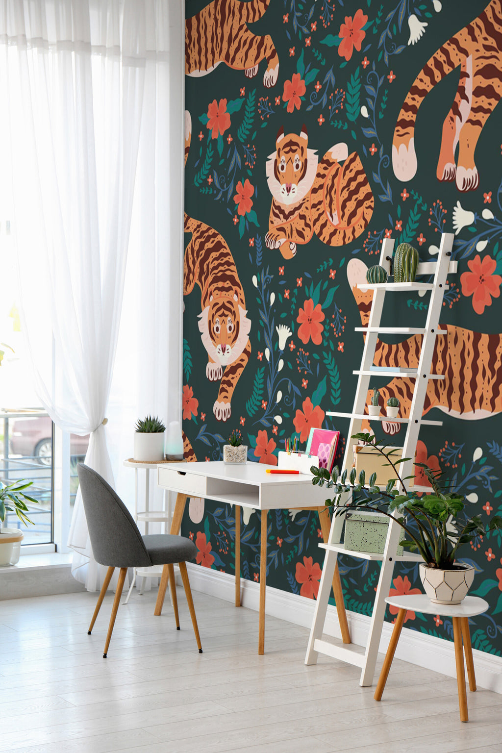 Tigre dans les fleurs · papier peint panoramique, vue 4