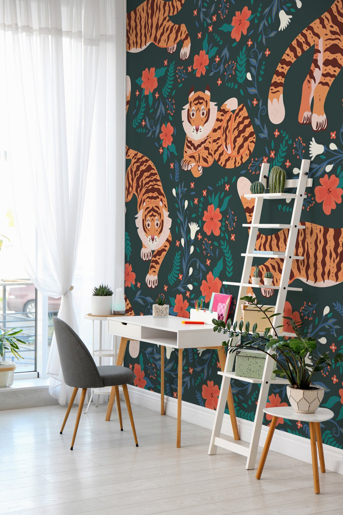 Tigre dans les fleurs · papier peint panoramique, vue 4