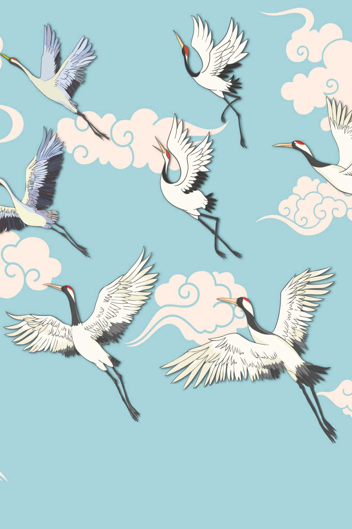 Envol de grues, papier peint panoramique : vue d'ensemble du décor