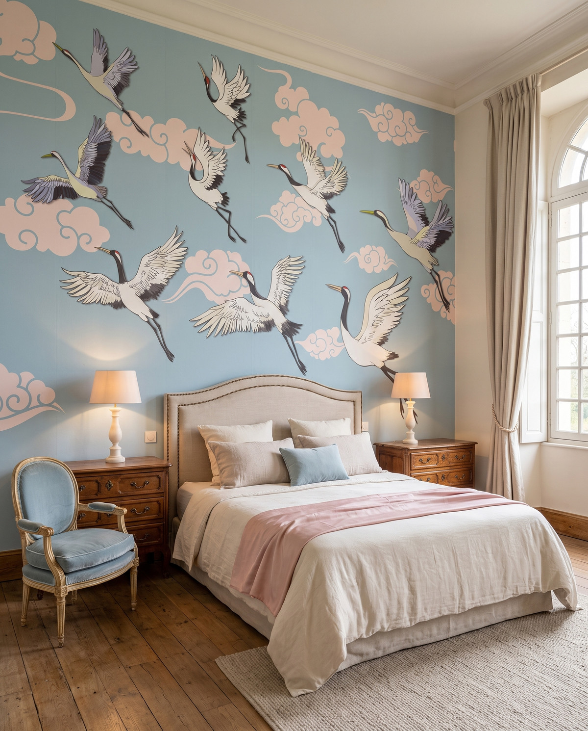 Envol de grues, papier peint panoramique dans une chambre : visuel d'ambiance illustratif