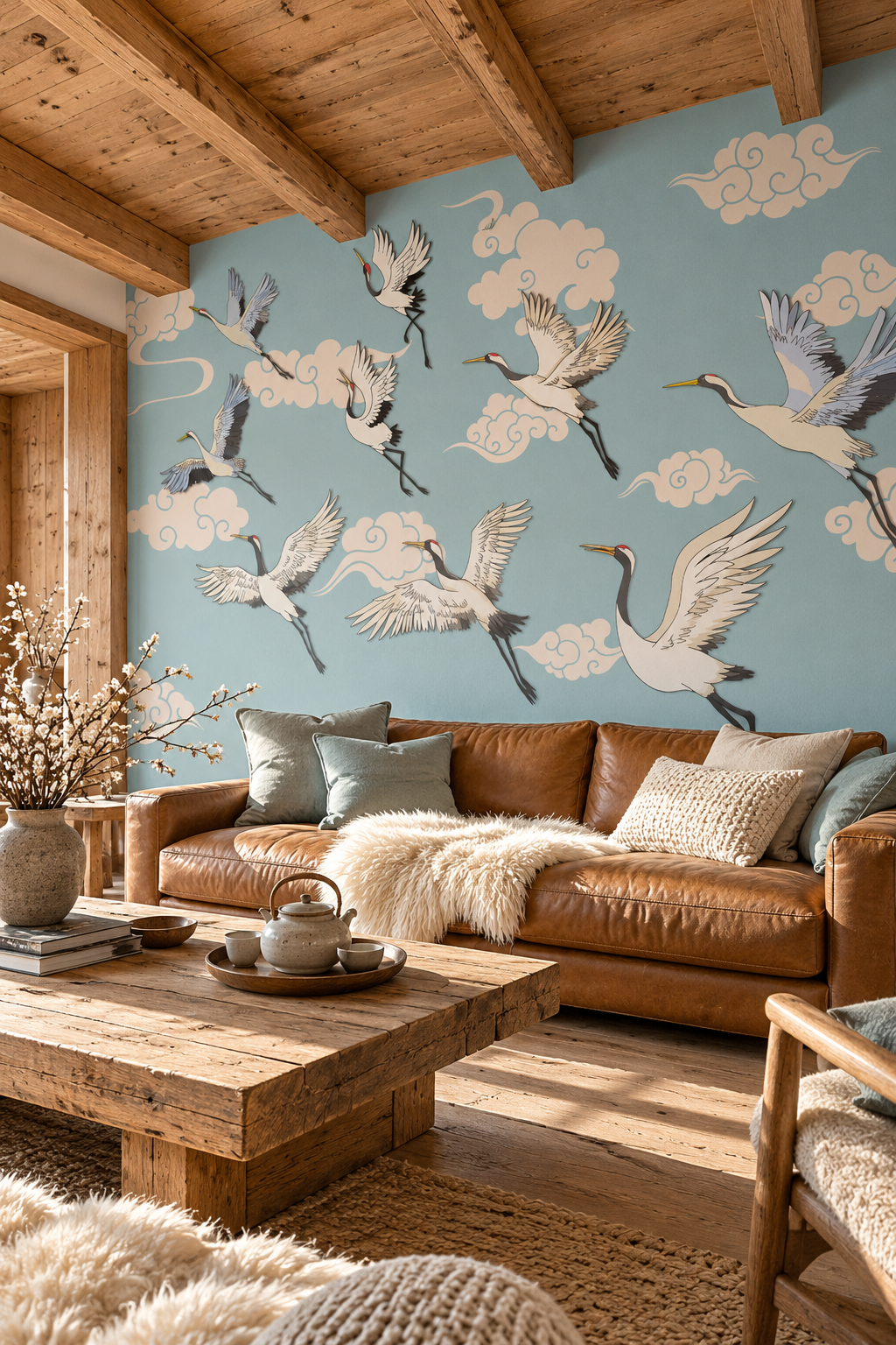 Envol de grues, papier peint panoramique dans un salon : visuel d'ambiance illustratif