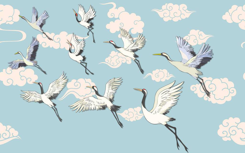 Papier peint panoramique Envol de grues : le décor à plat