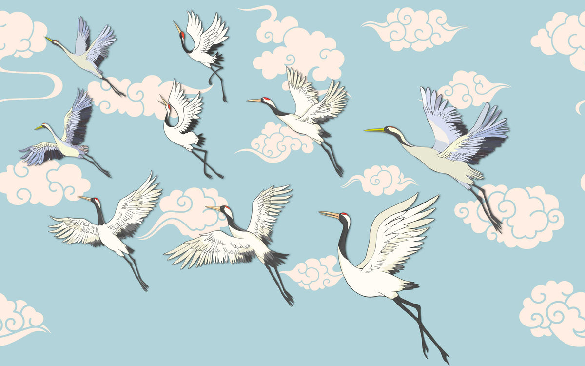 Papier peint panoramique Envol de grues : le décor à plat