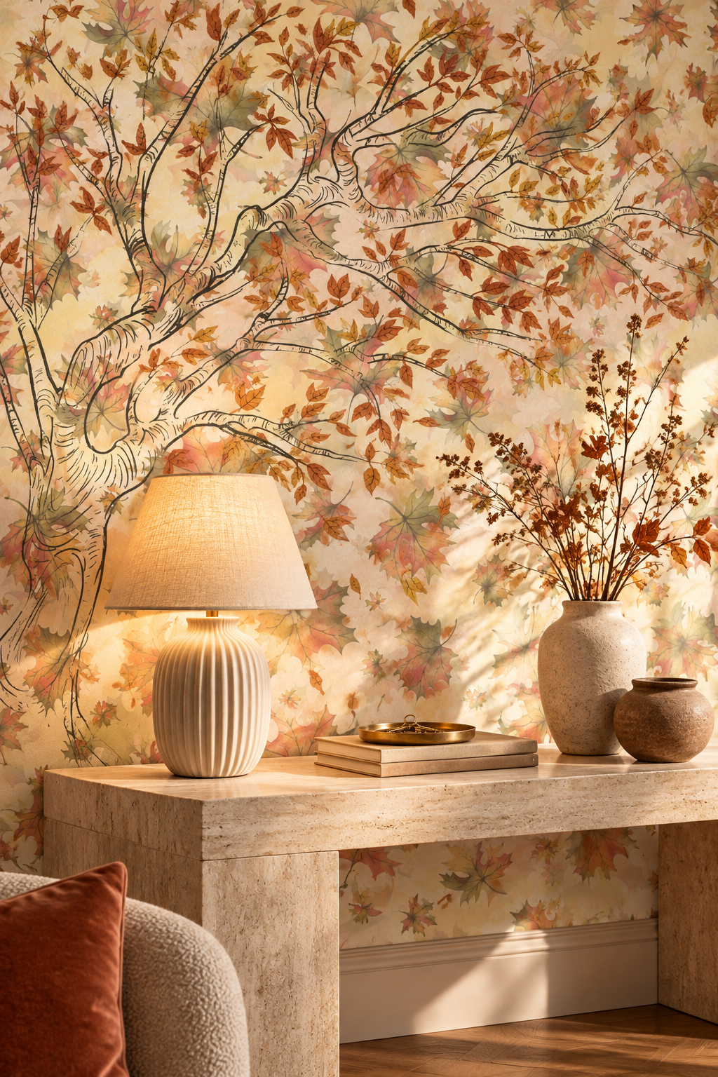 Érable à l'aquarelle, papier peint panoramique dans un salon : visuel d'ambiance illustratif