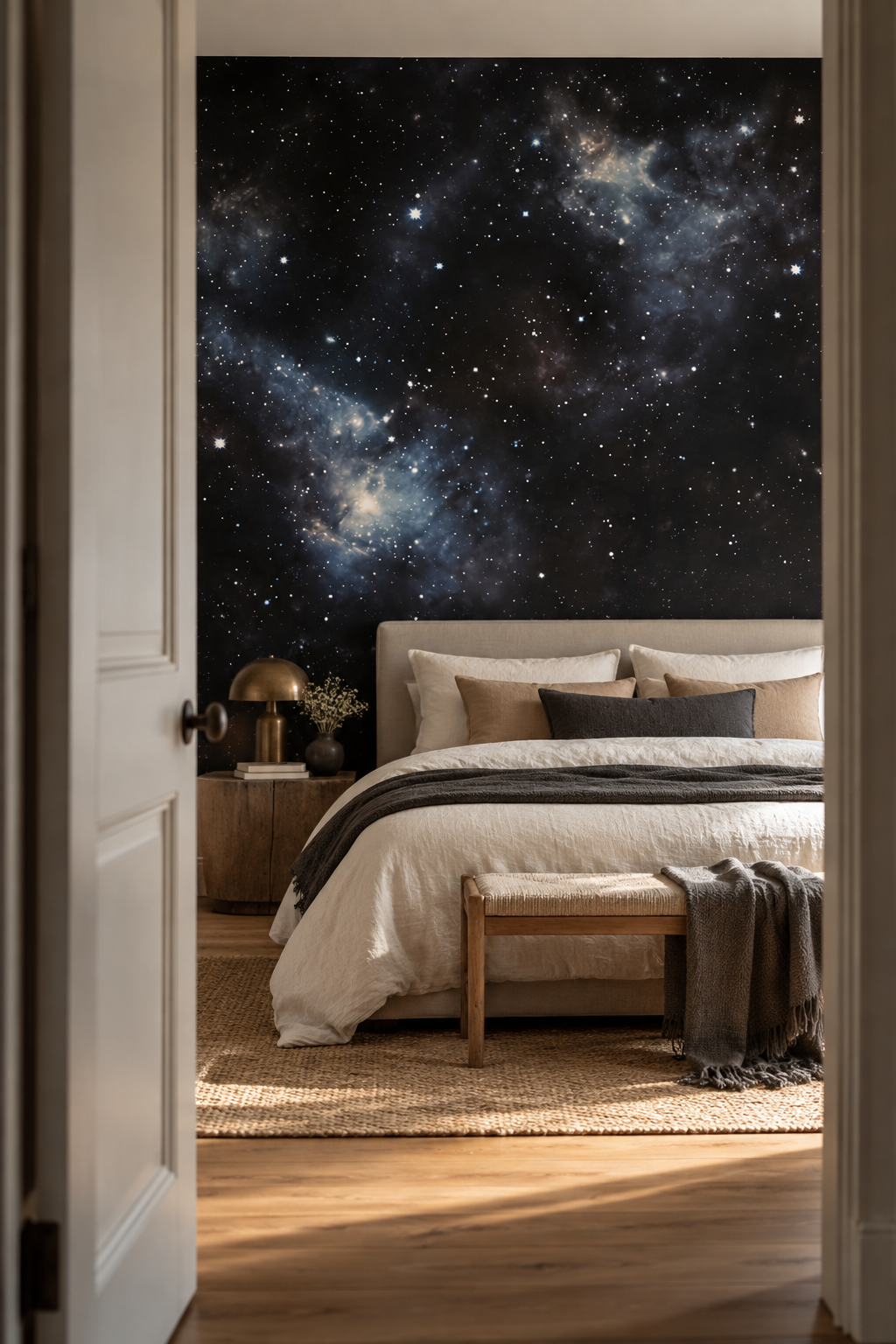 Nuit cosmique, papier peint panoramique dans une chambre : visuel d'ambiance illustratif